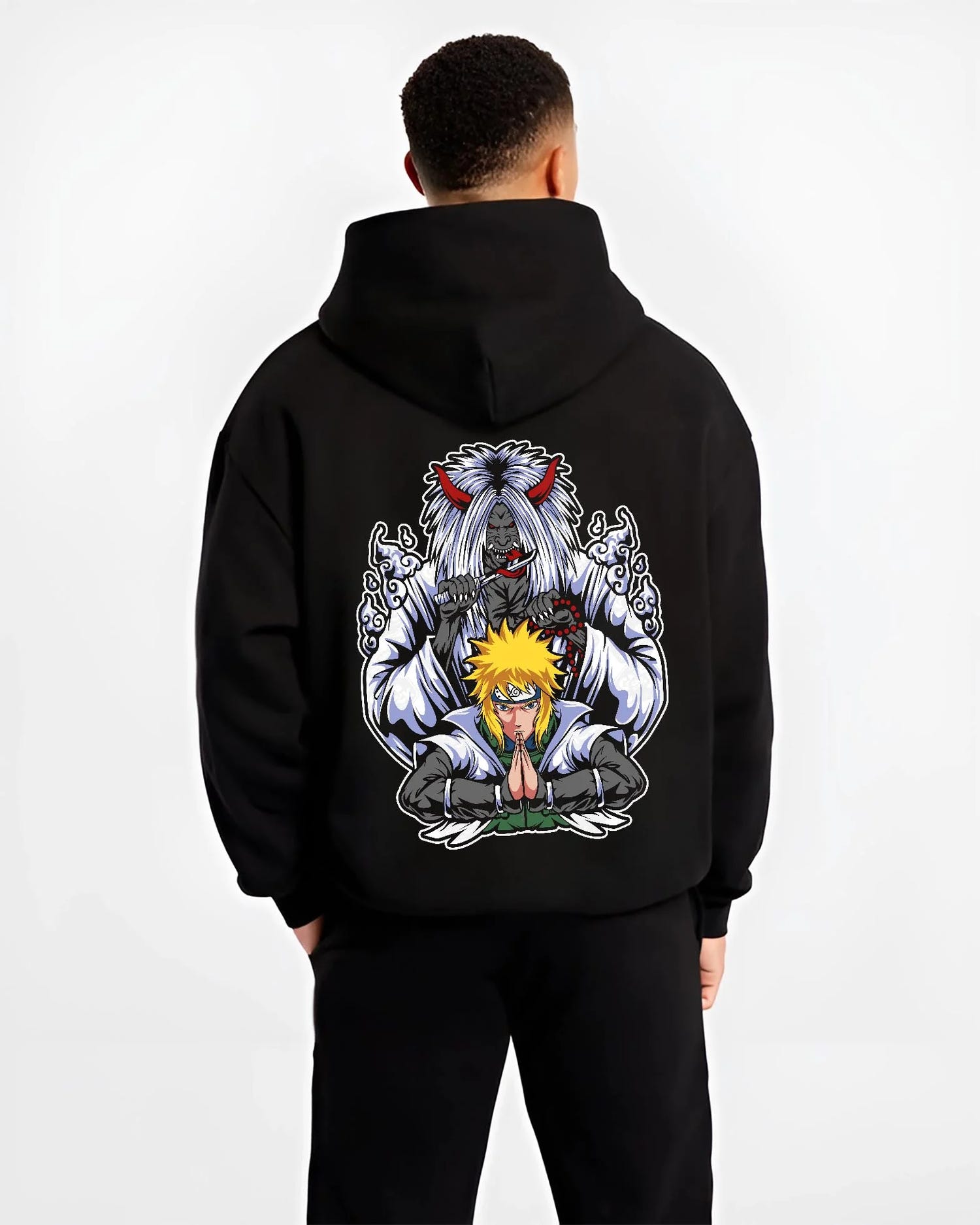 Black hoodie worn by male model, back view with Naruto Hoodie Minato Namikaze Fourth Hokage Jumper graphic premium wear.