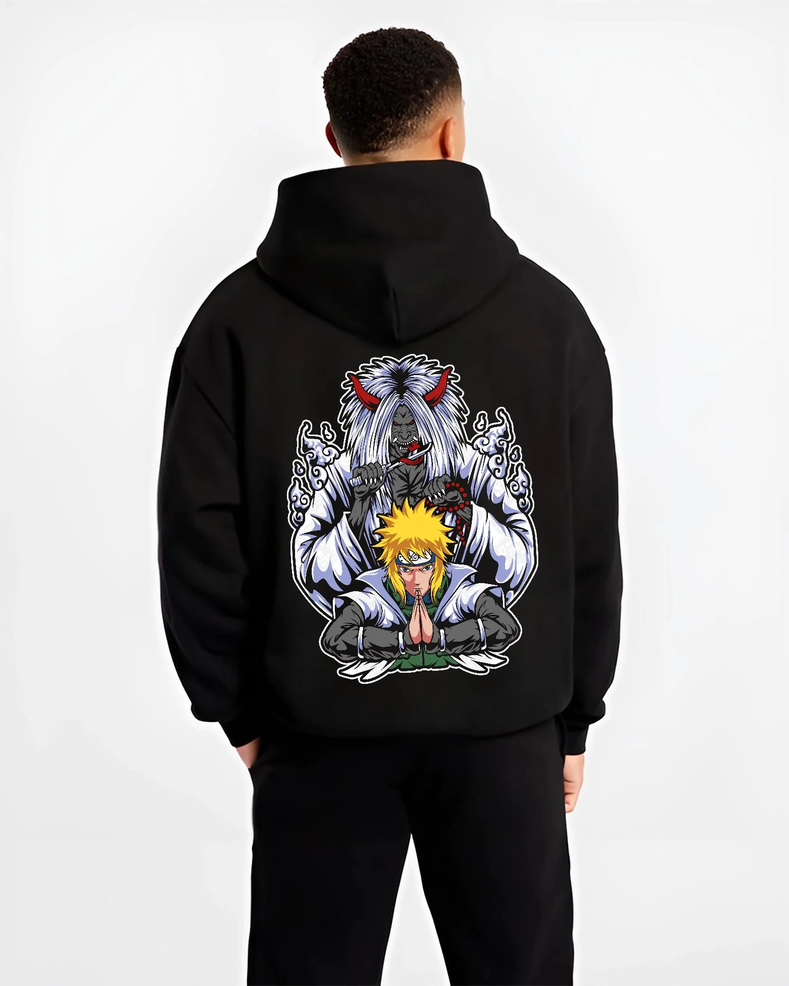 Black hoodie worn by male model, back view with Naruto Hoodie Minato Namikaze Fourth Hokage Jumper graphic premium wear.