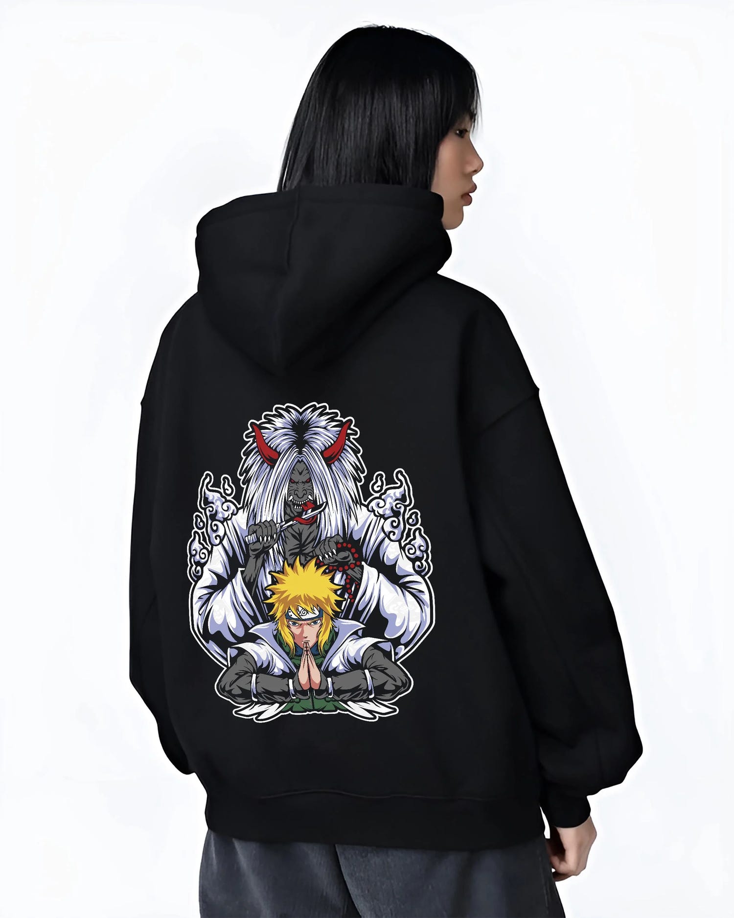 Black hoodie worn by female model, back view with Naruto Hoodie Minato Namikaze Fourth Hokage Jumper graphic bold anime graphic.