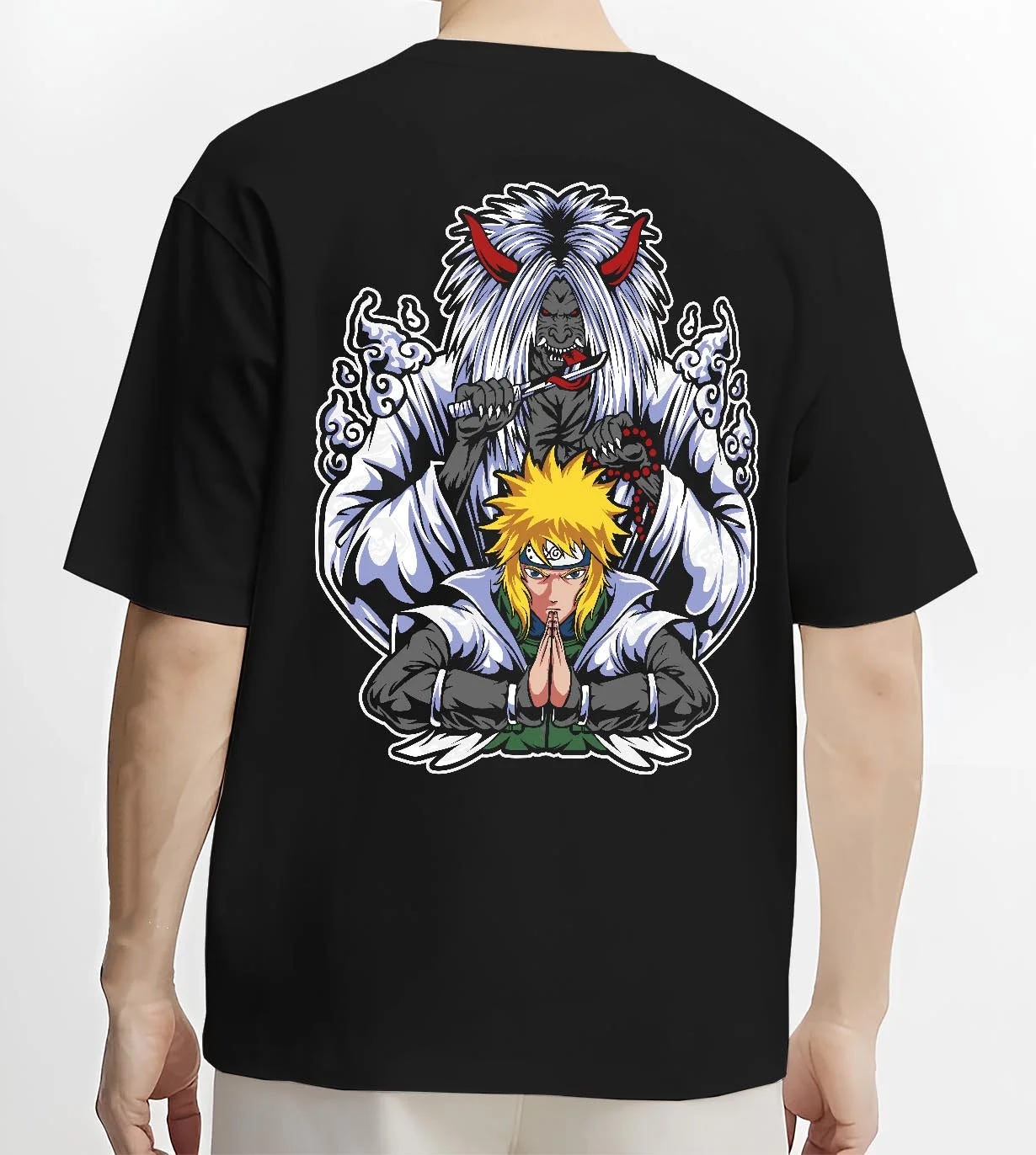 Black T-shirt worn by male model, back view with Naruto Hoodie Minato Namikaze Fourth Hokage Jumper graphic premium wear.