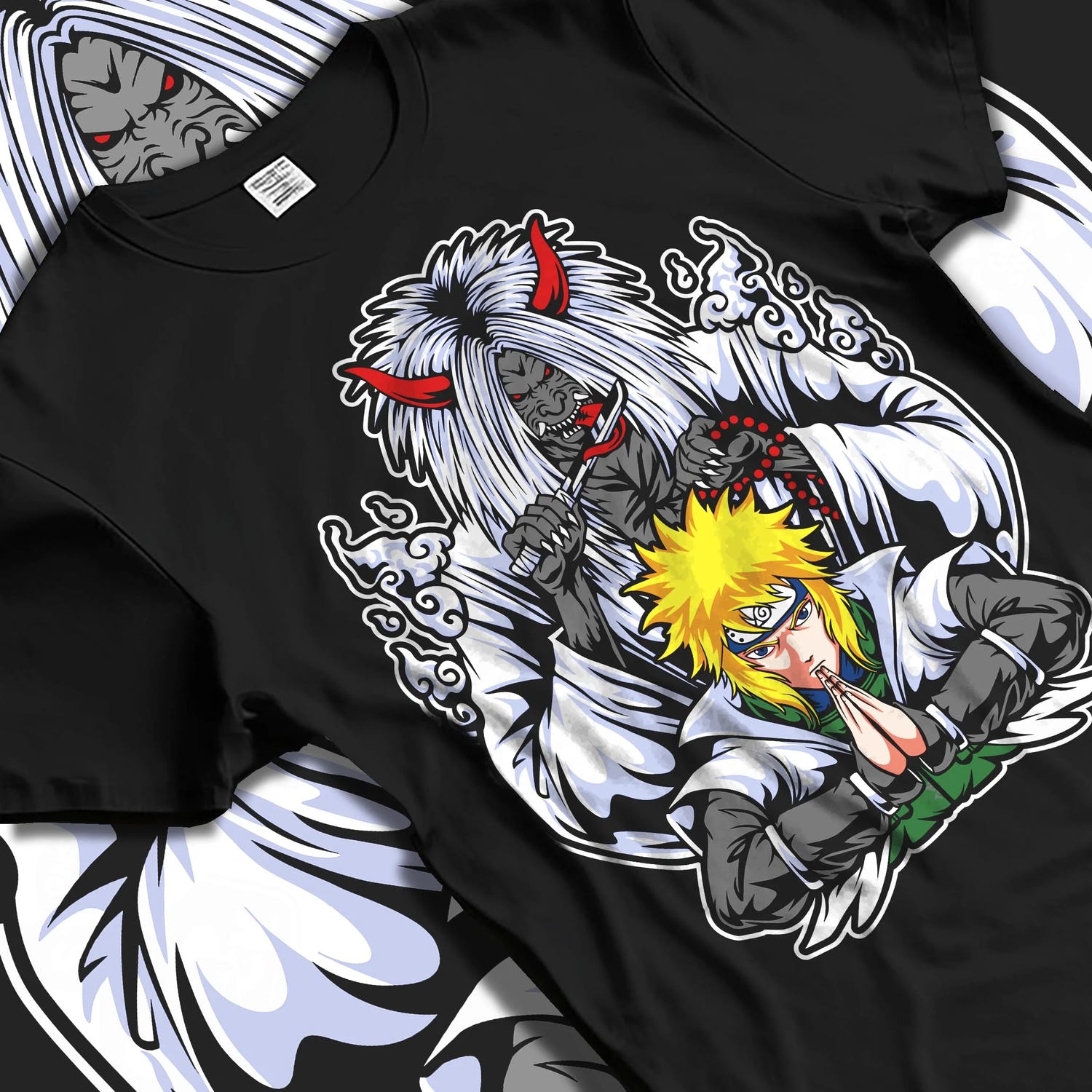 Black T-shirt laid flat with natural folds with Naruto Hoodie Minato Namikaze Fourth Hokage Jumper graphic premium wear.