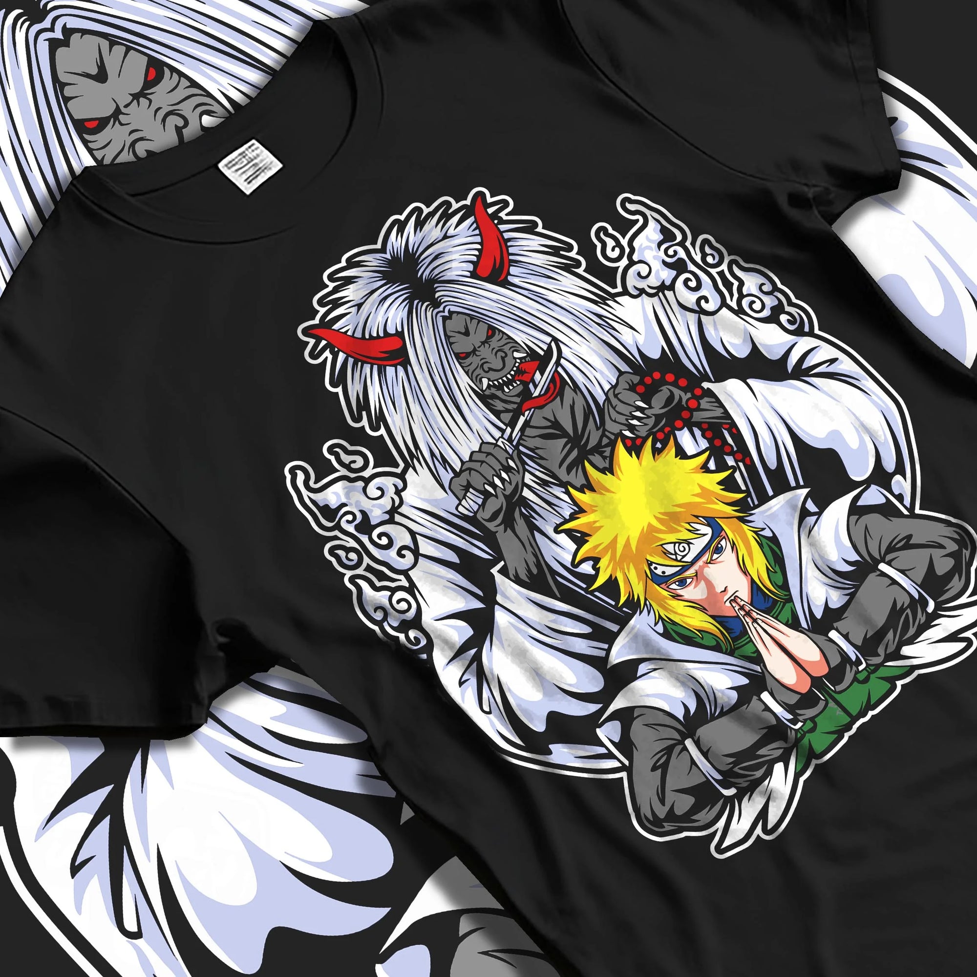 Black T-shirt laid flat with natural folds with Naruto Hoodie Minato Namikaze Fourth Hokage Jumper graphic premium wear.