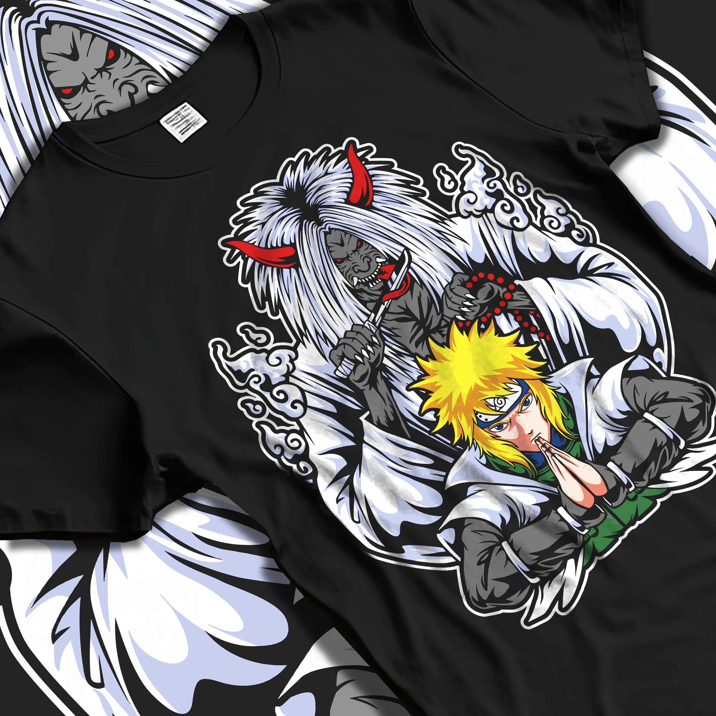 Black T-shirt laid flat with natural folds with Naruto Hoodie Minato Namikaze Fourth Hokage Jumper graphic premium wear.