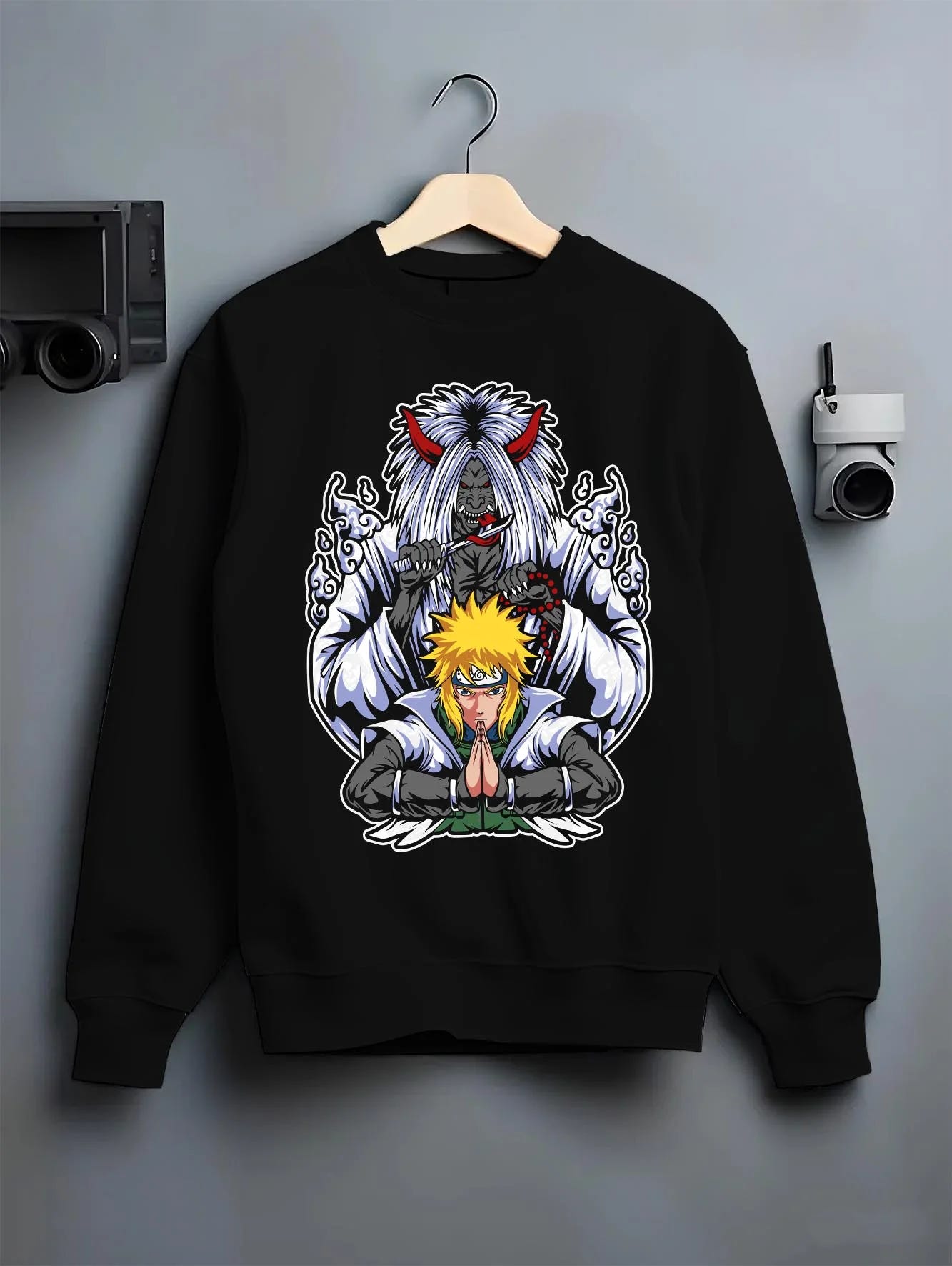 Black crewneck sweatshirt on hanger with Naruto Hoodie Minato Namikaze Fourth Hokage Jumper graphic streetwear graphic.