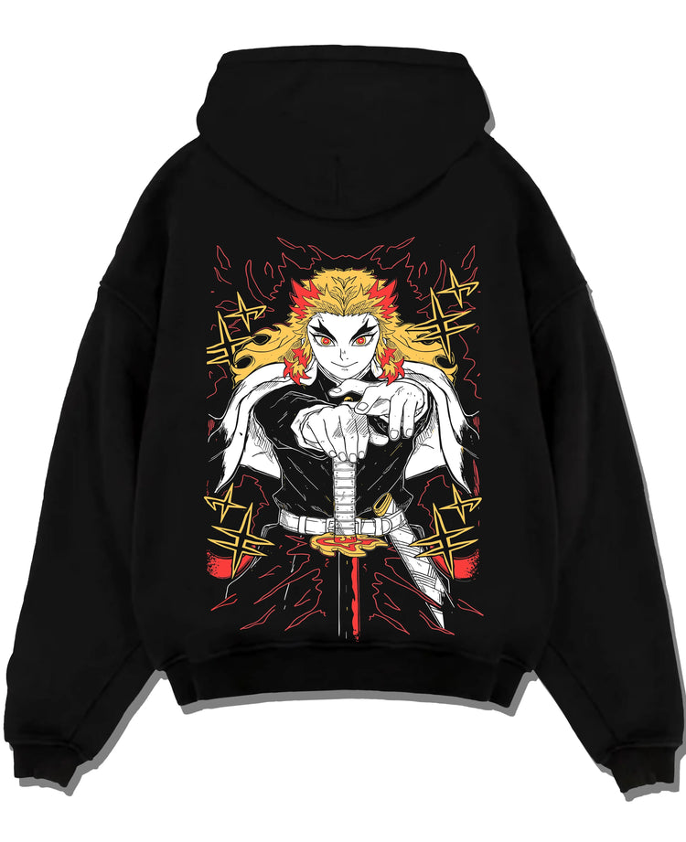 Black pullover hoodie laid flat with Demon Slayer Rengoku Hoodie Flame Pillar Jumper graphic premium wear.