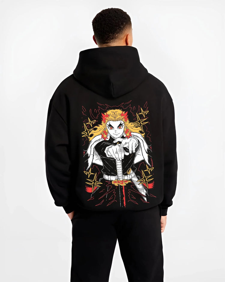 Black hoodie worn by male model, back view with Demon Slayer Rengoku Hoodie Flame Pillar Jumper graphic premium wear.
