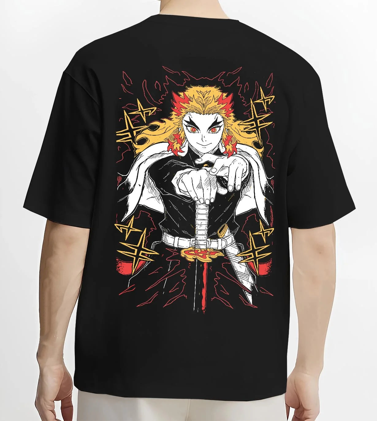 Black T-shirt worn by male model, back view with Demon Slayer Rengoku Hoodie Flame Pillar Jumper graphic premium wear.