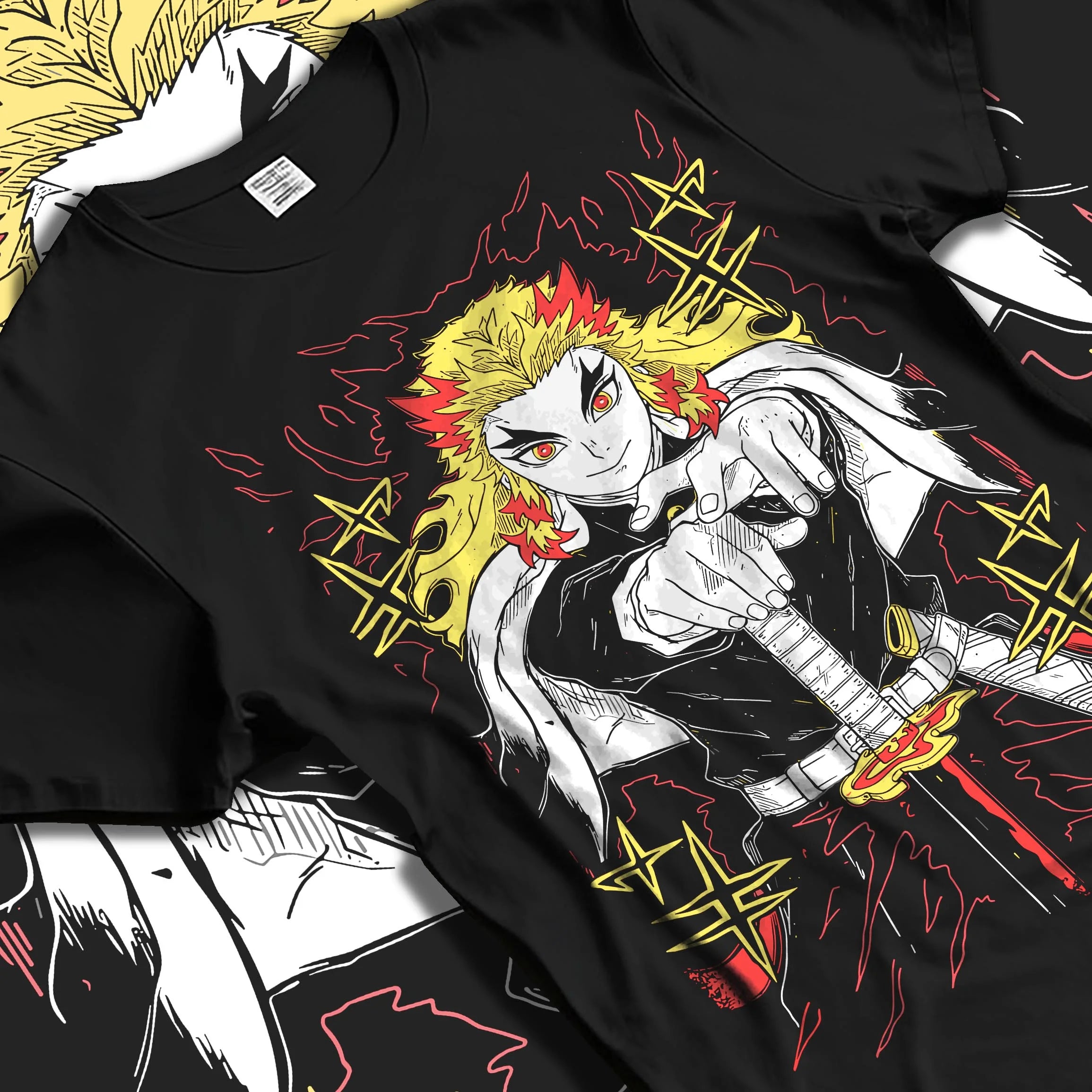 Black T-shirt laid flat with natural folds with Demon Slayer Rengoku Hoodie Flame Pillar Jumper graphic bold anime graphic.