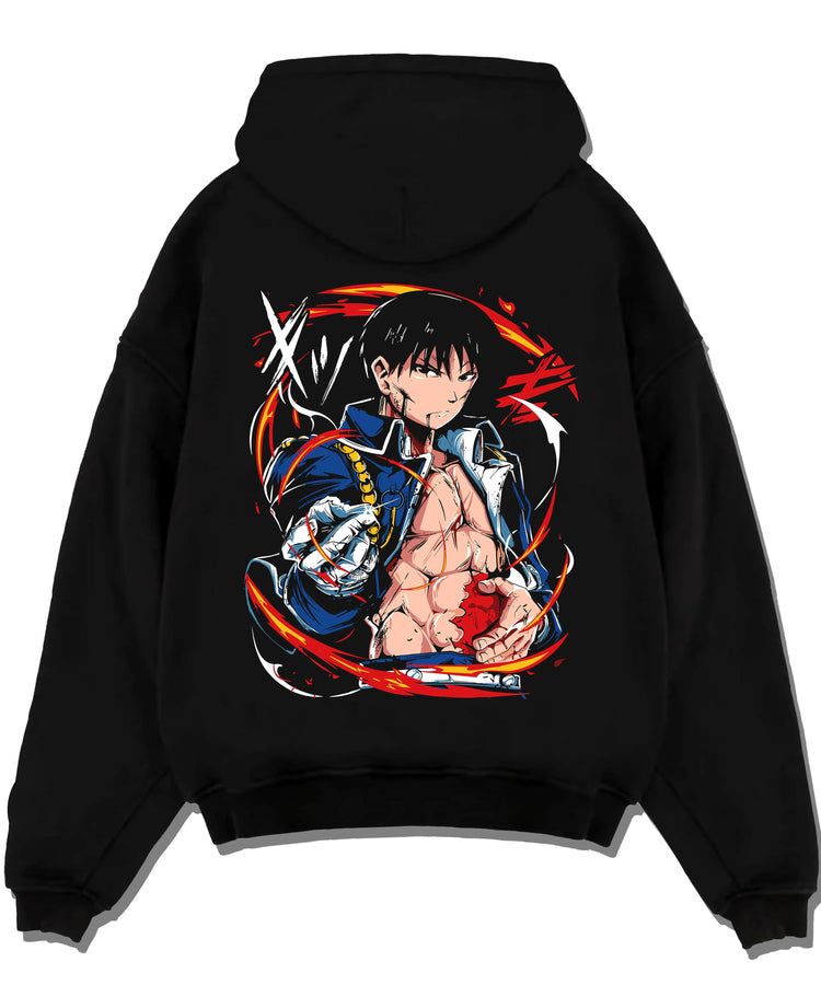 Black hoodie laid flat featuring Portgas D. Ace One Piece flame ring artwork.