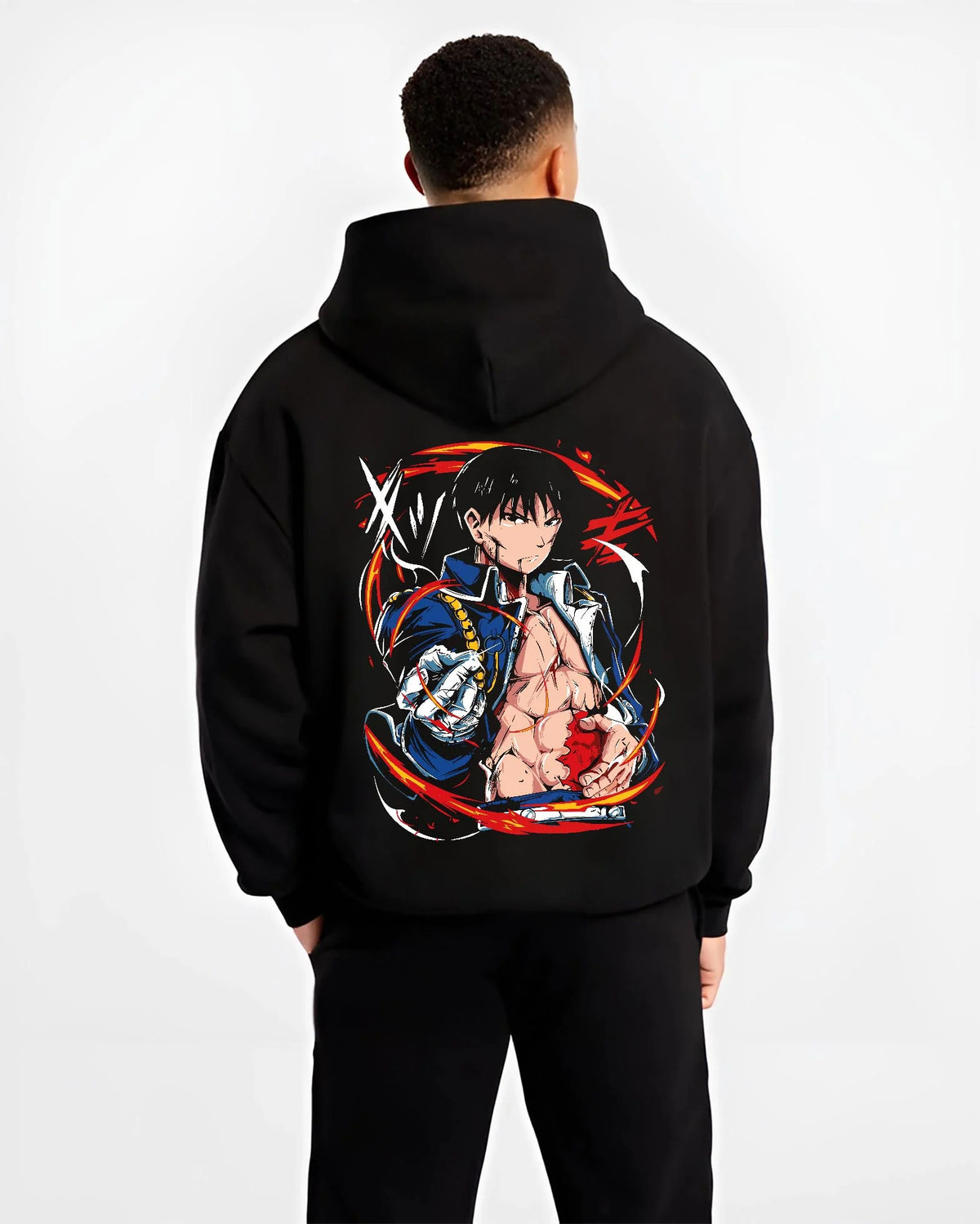 Black hoodie worn by male model from the back featuring Portgas D. Ace One Piece flame ring artwork.