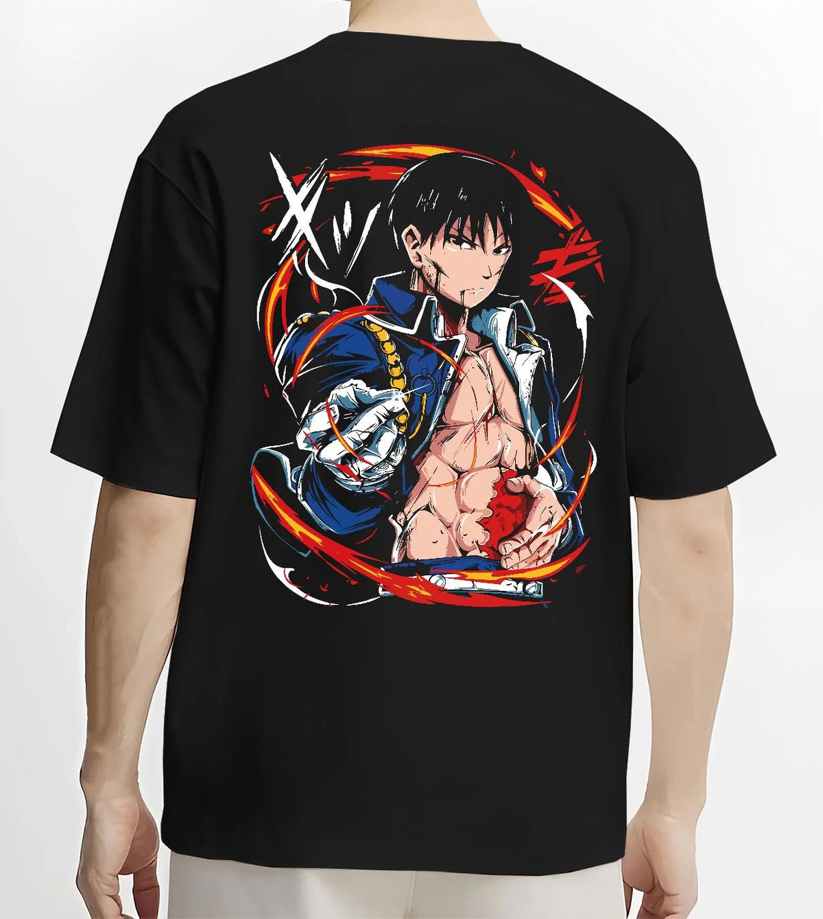 Black T-shirt worn by male model from the back featuring Portgas D. Ace One Piece flame ring artwork.