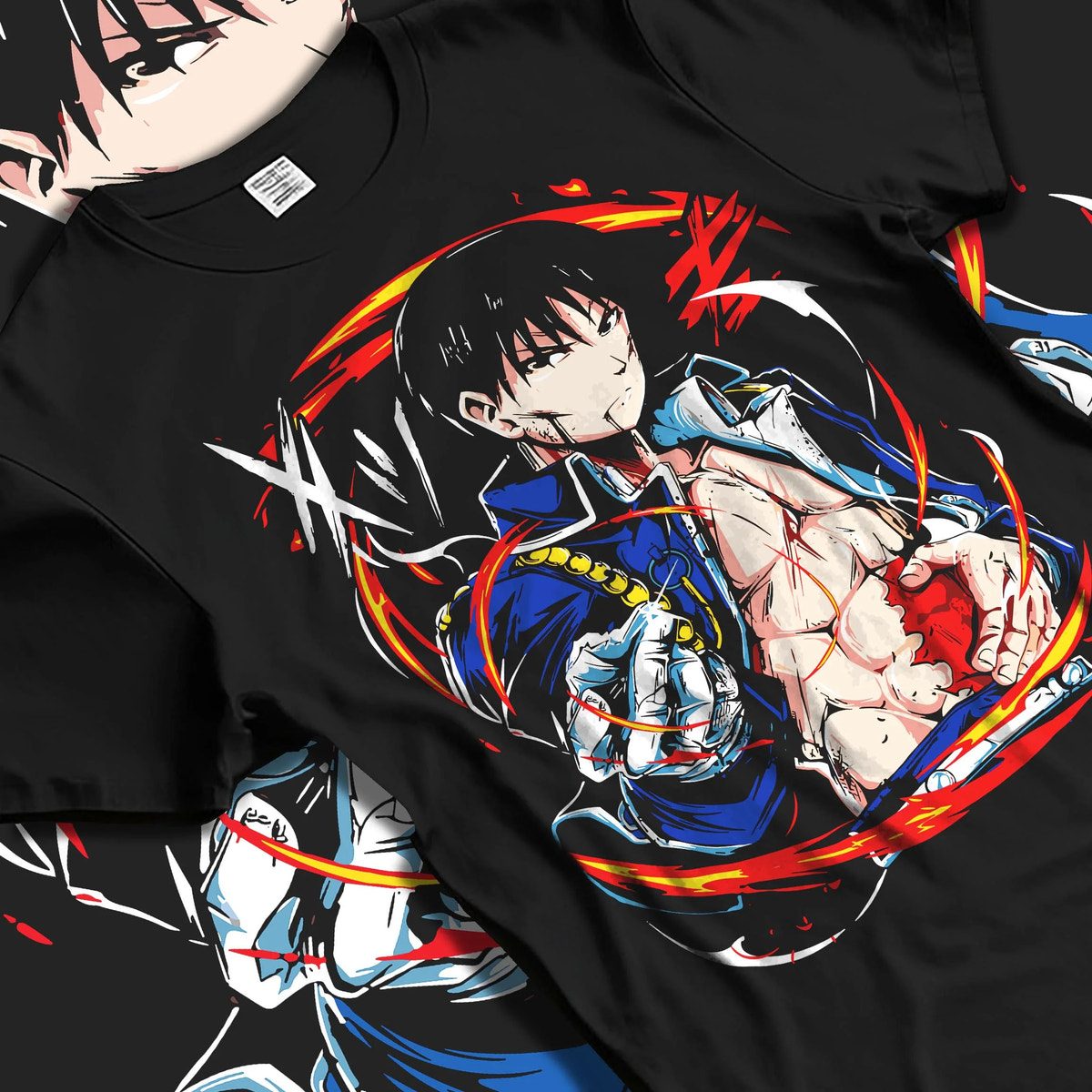 Black T-shirt laid flat with natural folds featuring Portgas D. Ace One Piece flame ring artwork.