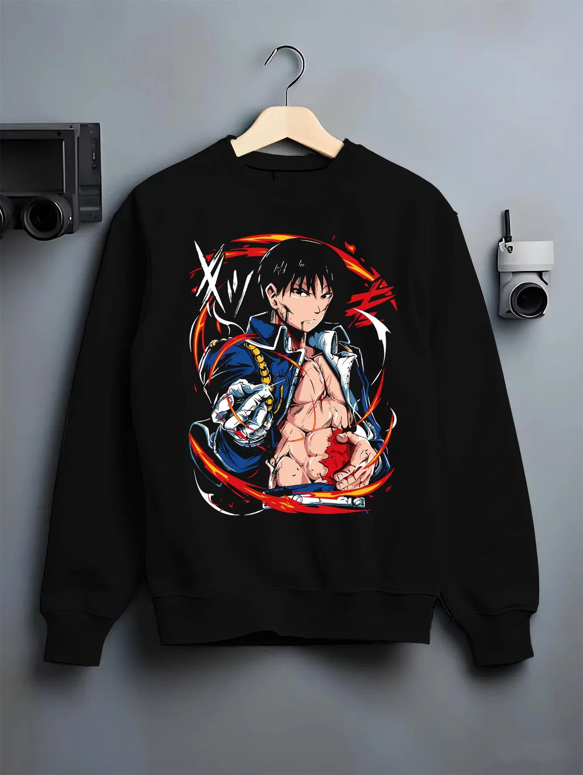 Black crewneck sweatshirt on hanger featuring Portgas D. Ace One Piece flame ring artwork.