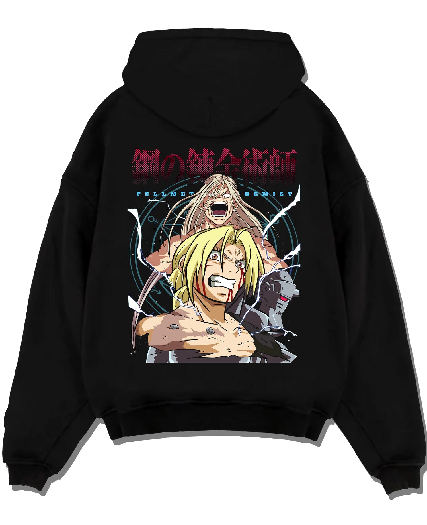 Black pullover hoodie laid flat with Edward Elric Hoodie Fullmetal Alchemist Rage Battle graphic premium wear.