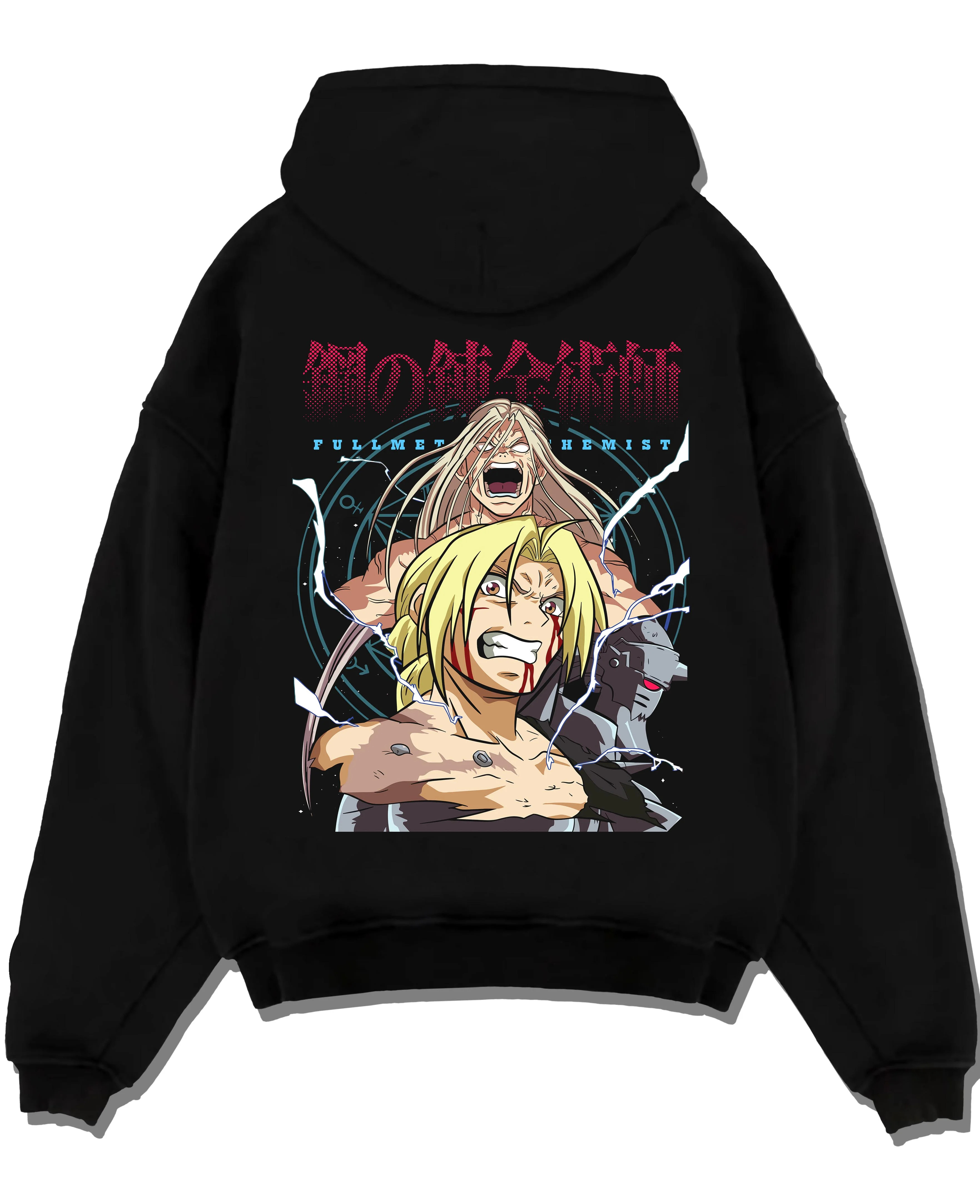 Black pullover hoodie laid flat with Edward Elric Hoodie Fullmetal Alchemist Rage Battle graphic premium wear.