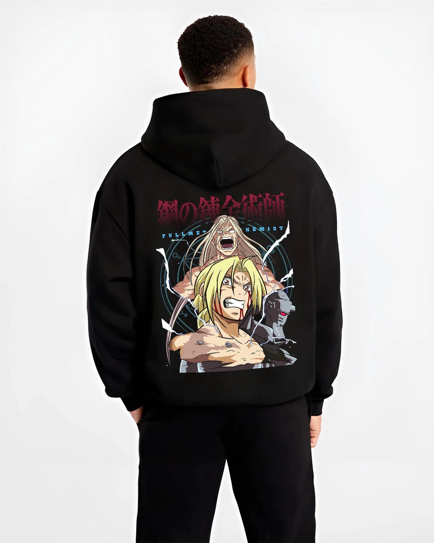 Black hoodie worn by male model, back view with Edward Elric Hoodie Fullmetal Alchemist Rage Battle graphic premium wear.