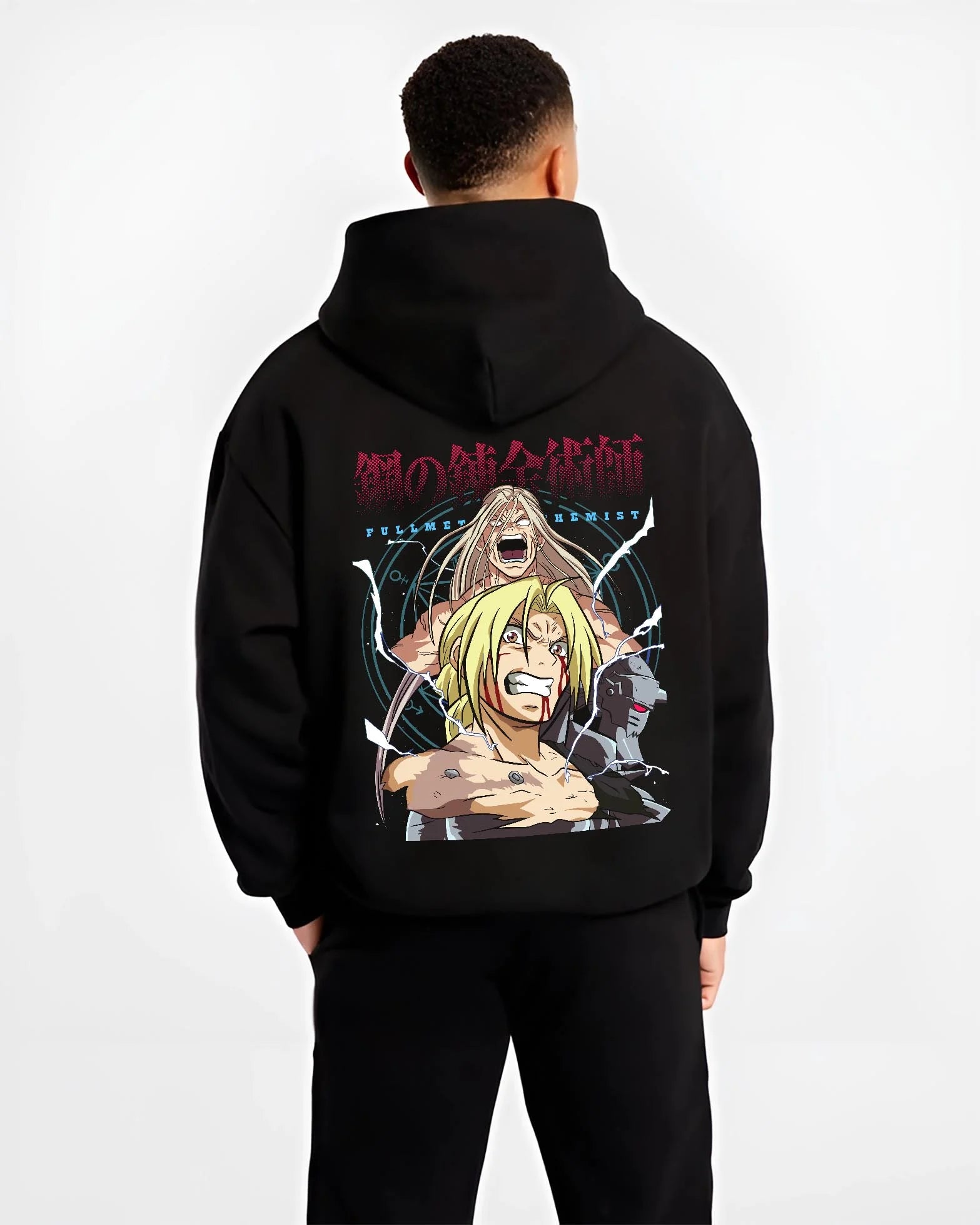 Black hoodie worn by male model, back view with Edward Elric Hoodie Fullmetal Alchemist Rage Battle graphic premium wear.