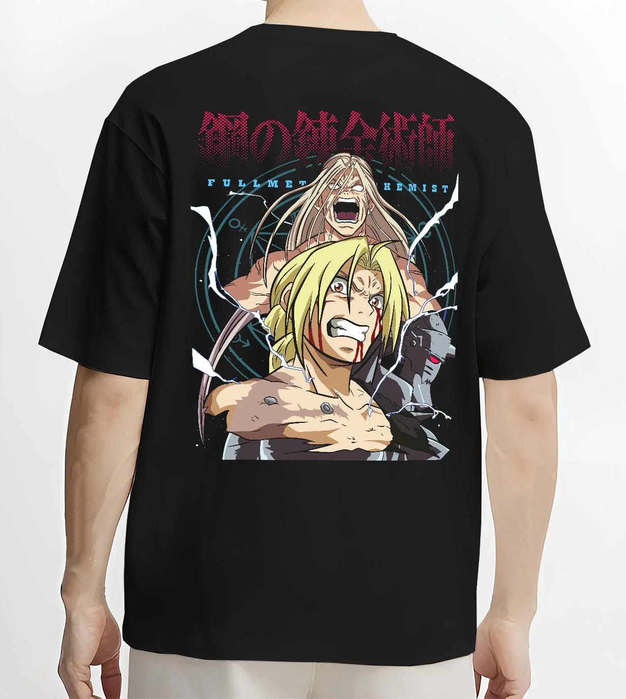 Black T-shirt worn by male model, back view with Edward Elric Hoodie Fullmetal Alchemist Rage Battle graphic premium wear.
