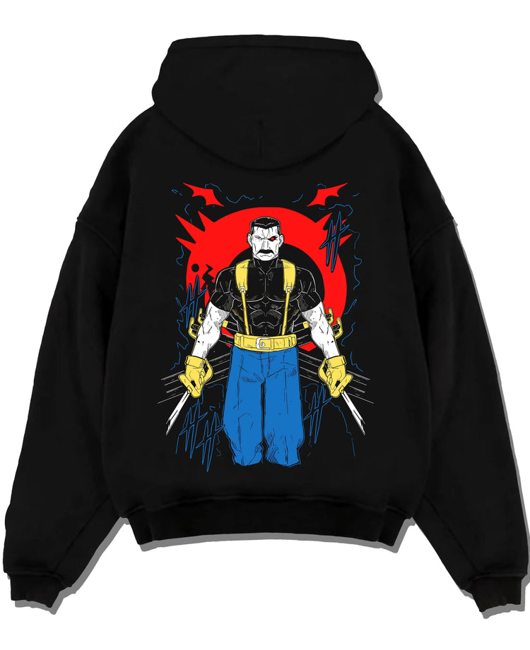 Black pullover hoodie laid flat with Armstrong Hoodie Fullmetal Alchemist Strongman Pose graphic premium wear.