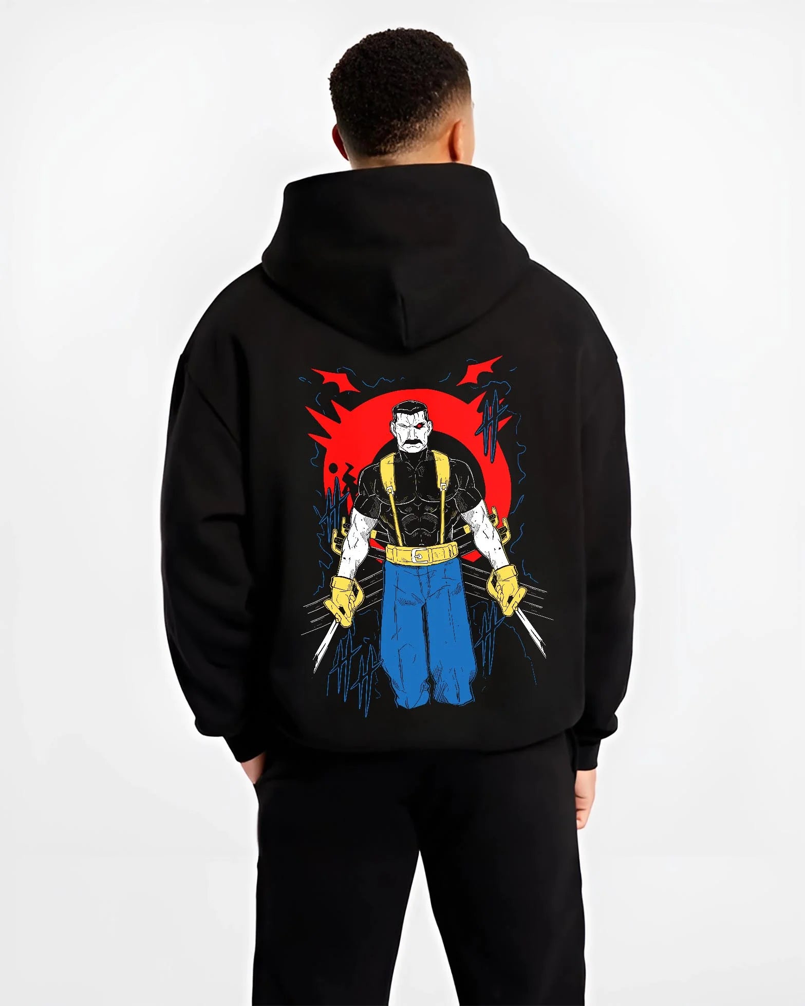Black hoodie worn by male model, back view with Armstrong Hoodie Fullmetal Alchemist Strongman Pose graphic streetwear graphic.