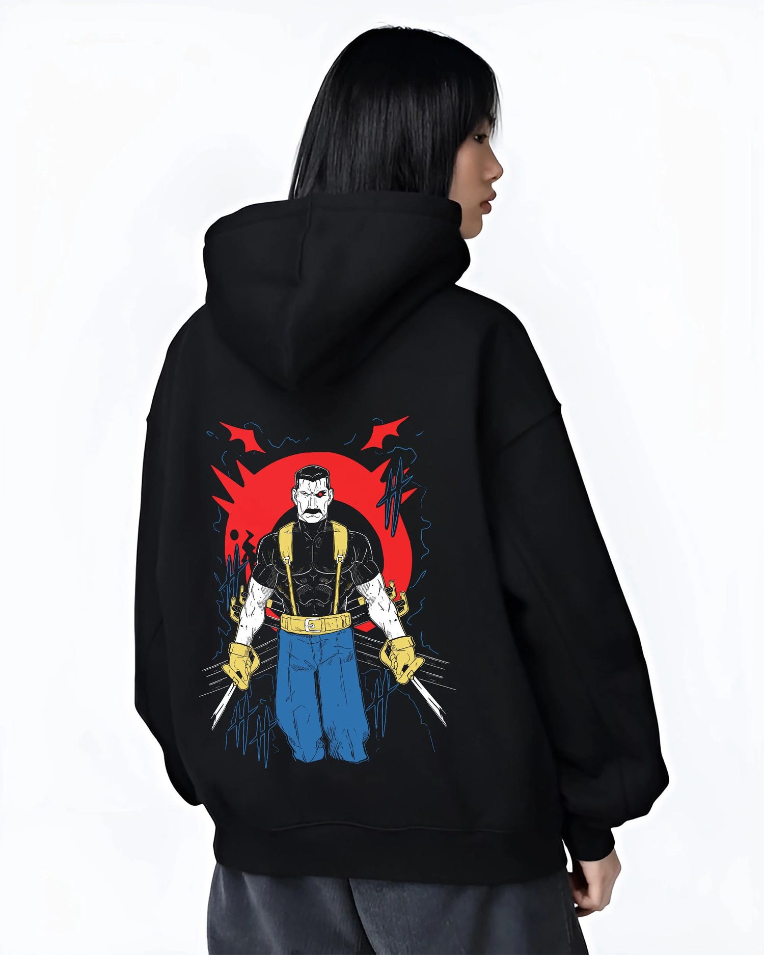 Black hoodie worn by female model, back view with Armstrong Hoodie Fullmetal Alchemist Strongman Pose graphic bold anime graphic.