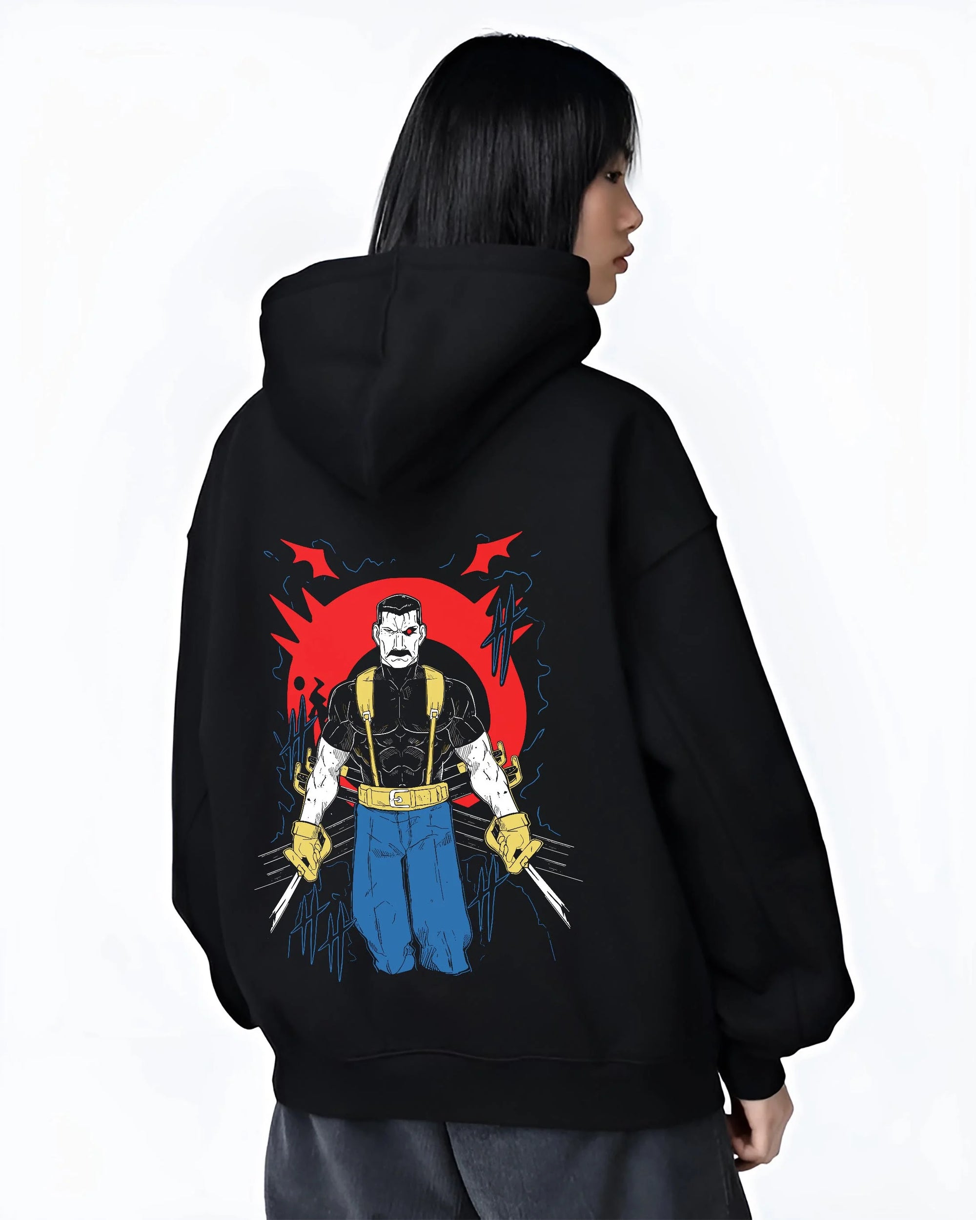 Black hoodie worn by female model, back view with Armstrong Hoodie Fullmetal Alchemist Strongman Pose graphic bold anime graphic.