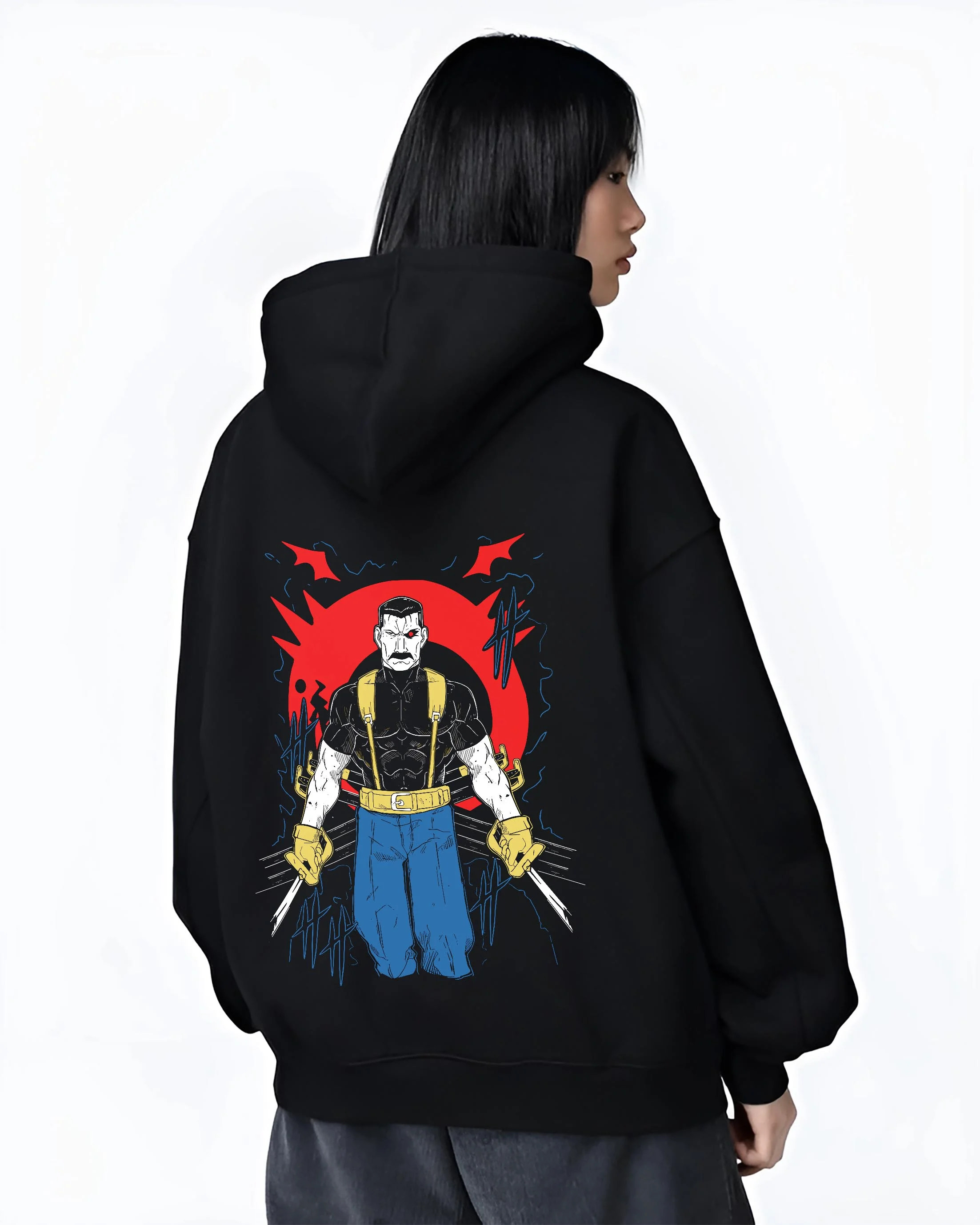 Black hoodie worn by female model, back view with Armstrong Hoodie Fullmetal Alchemist Strongman Pose graphic bold anime graphic.