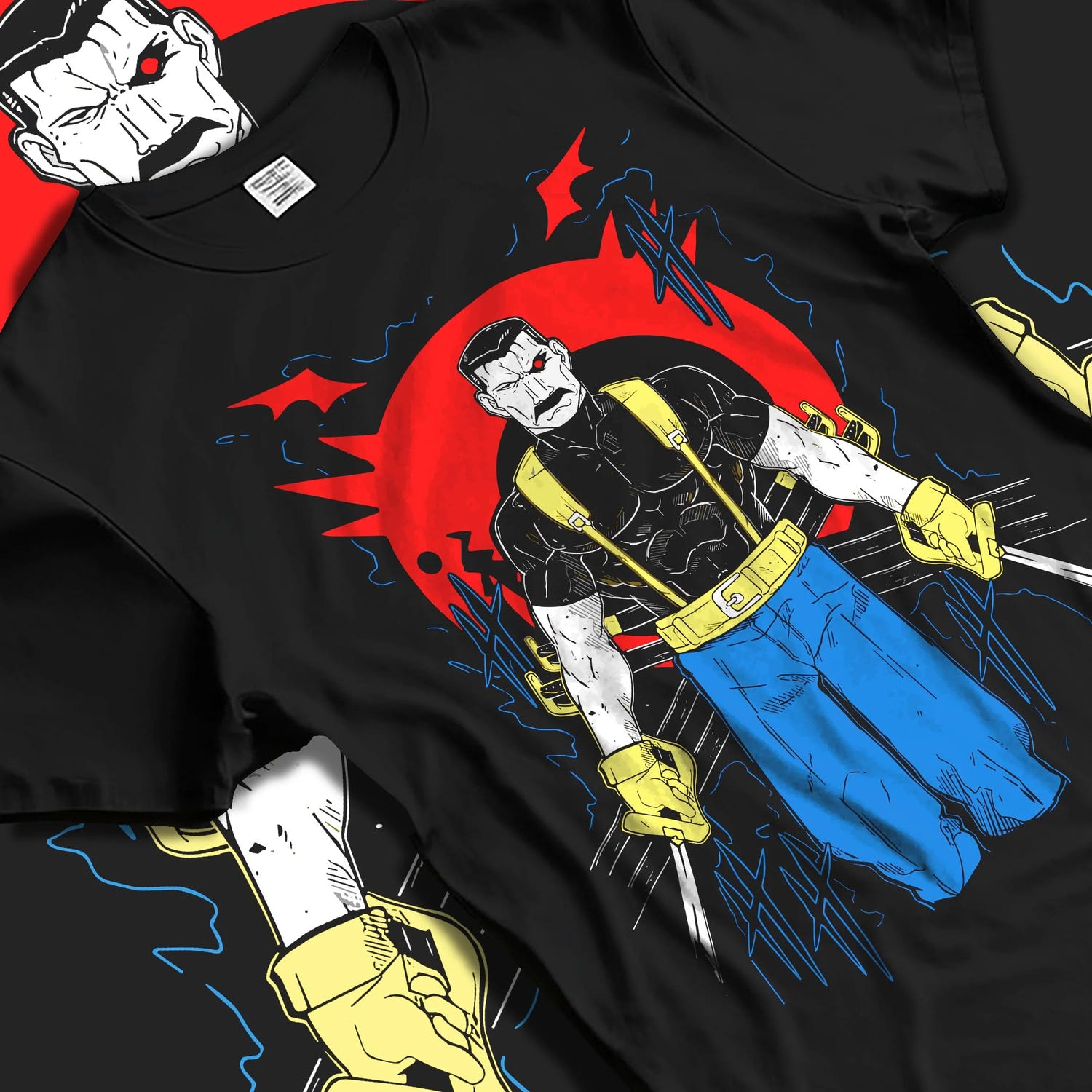 Black T-shirt laid flat with natural folds with Armstrong Hoodie Fullmetal Alchemist Strongman Pose graphic streetwear graphic.