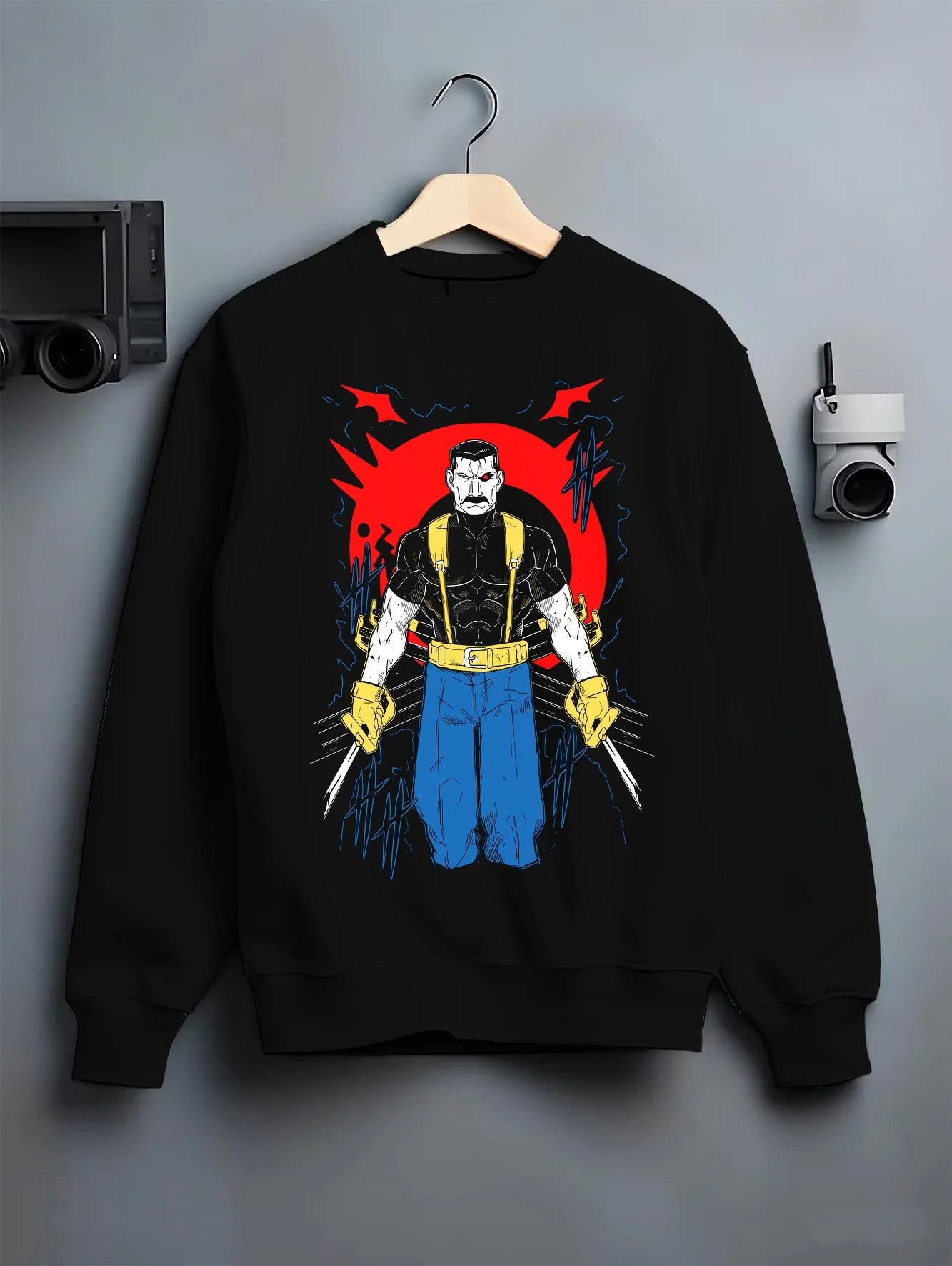 Black crewneck sweatshirt on hanger with Armstrong Hoodie Fullmetal Alchemist Strongman Pose graphic bold anime graphic.