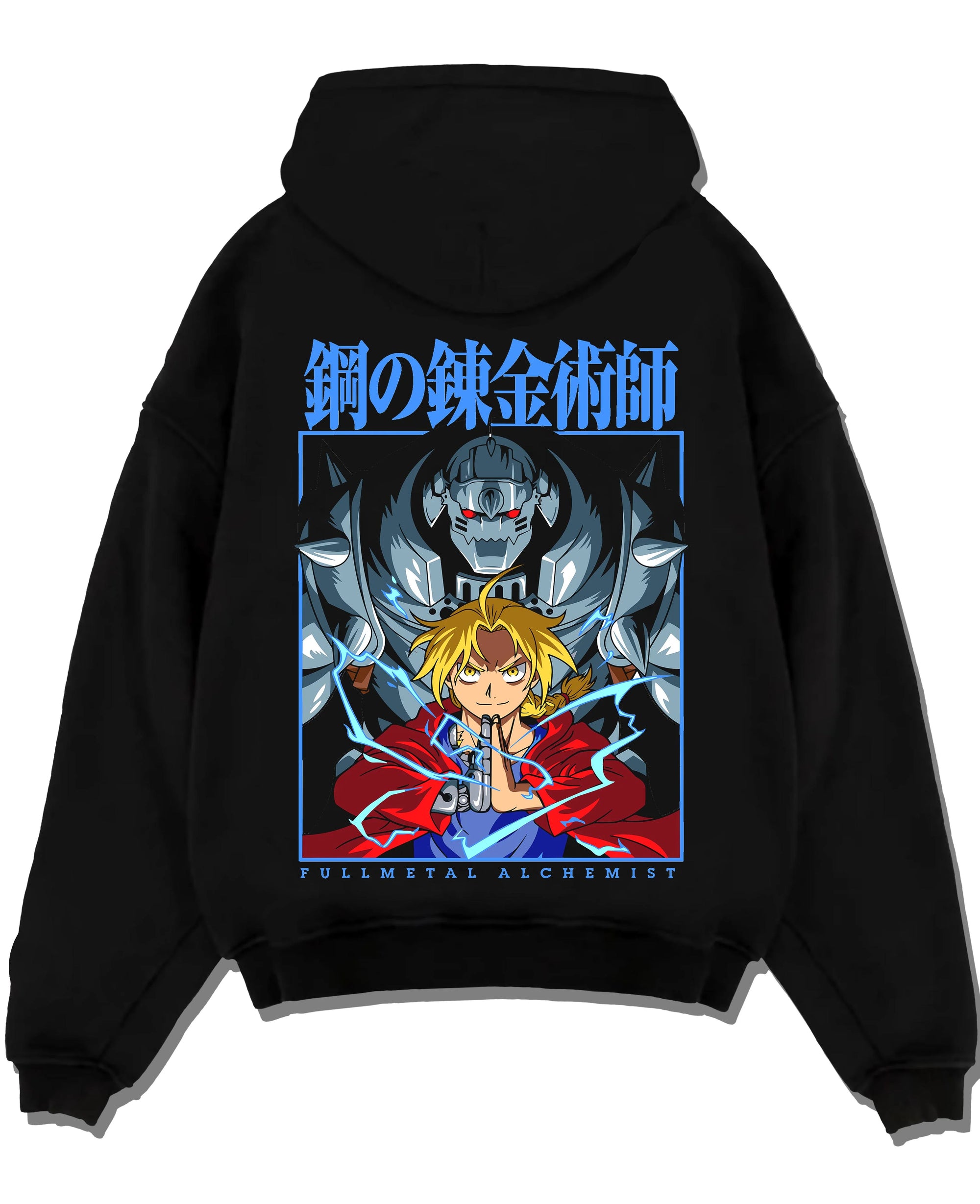 Black pullover hoodie laid flat with Edward Elric Hoodie Fullmetal Alchemist Anime Panel graphic bold anime graphic.