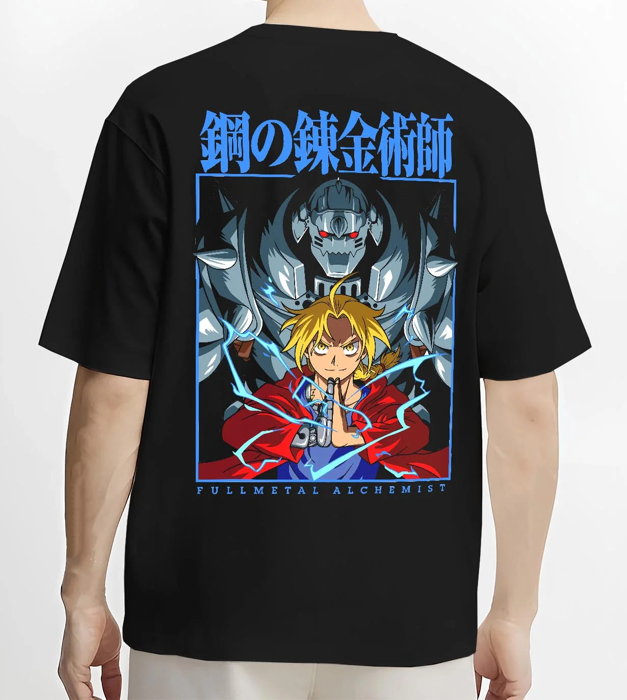 Black T-shirt worn by male model, back view with Edward Elric Hoodie Fullmetal Alchemist Anime Panel graphic premium wear.