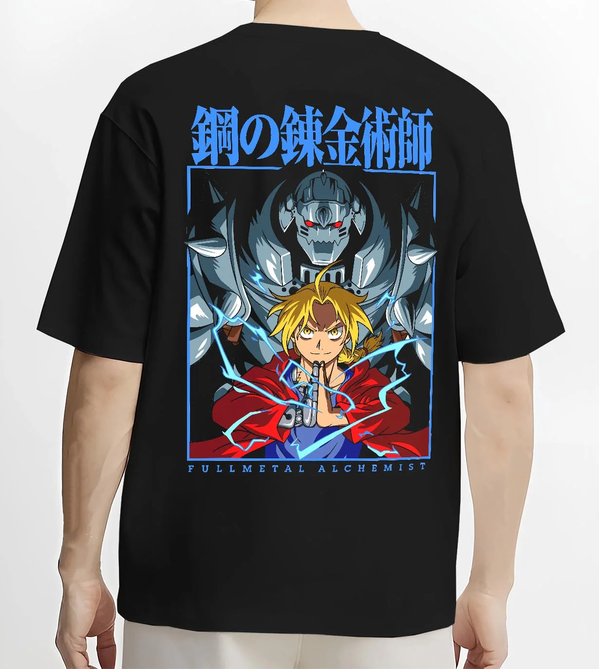 Black T-shirt worn by male model, back view with Edward Elric Hoodie Fullmetal Alchemist Anime Panel graphic premium wear.