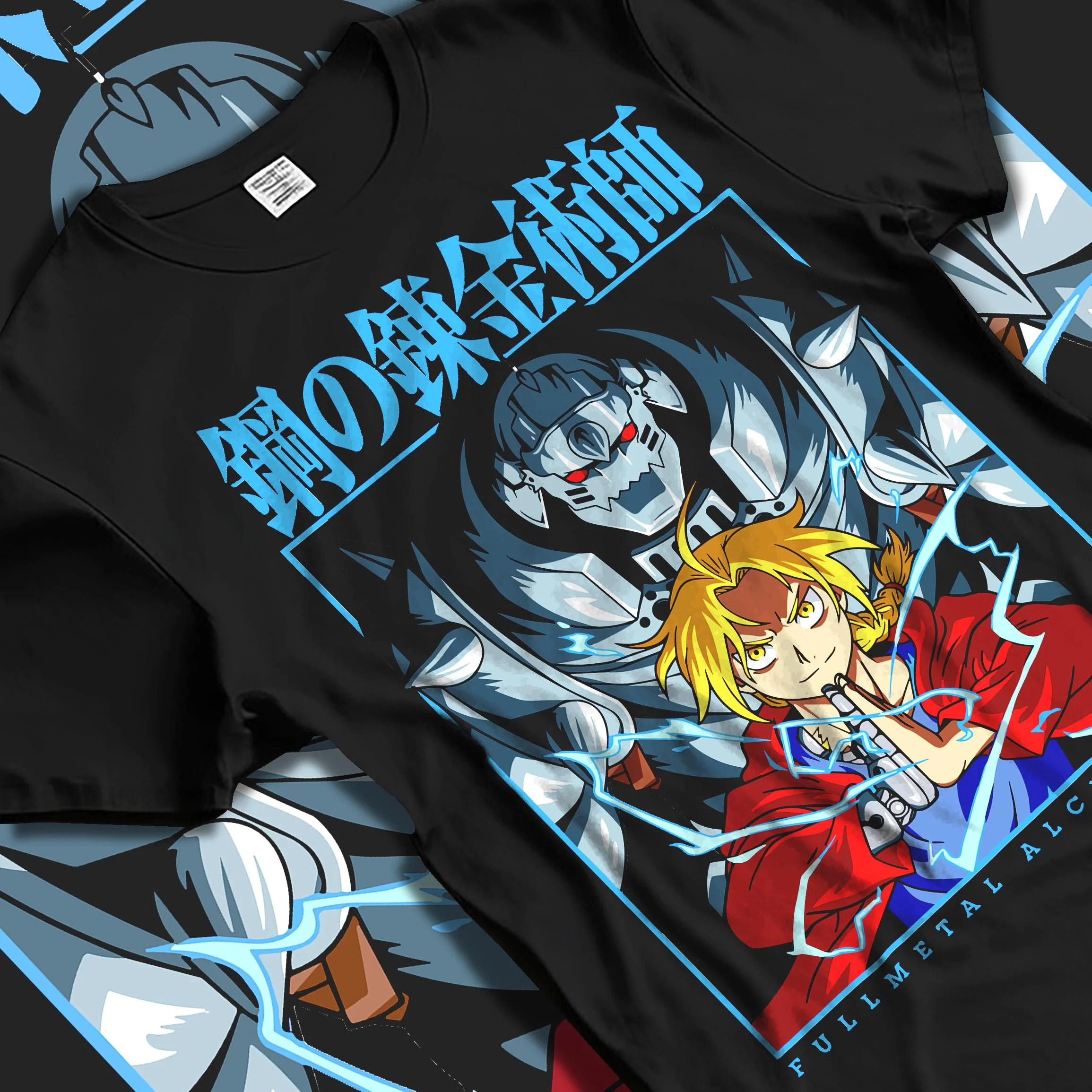 Black T-shirt laid flat with natural folds with Edward Elric Hoodie Fullmetal Alchemist Anime Panel graphic bold anime graphic.