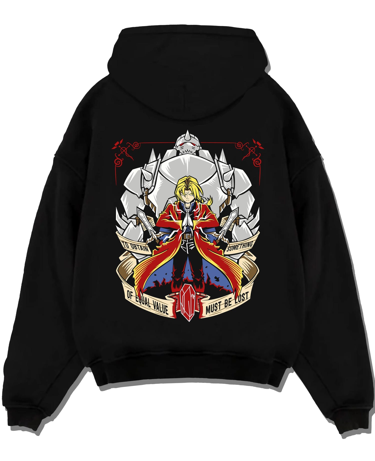 Black pullover hoodie laid flat with Edward Elric Hoodie Fullmetal Alchemist Red Robe Al graphic premium wear.