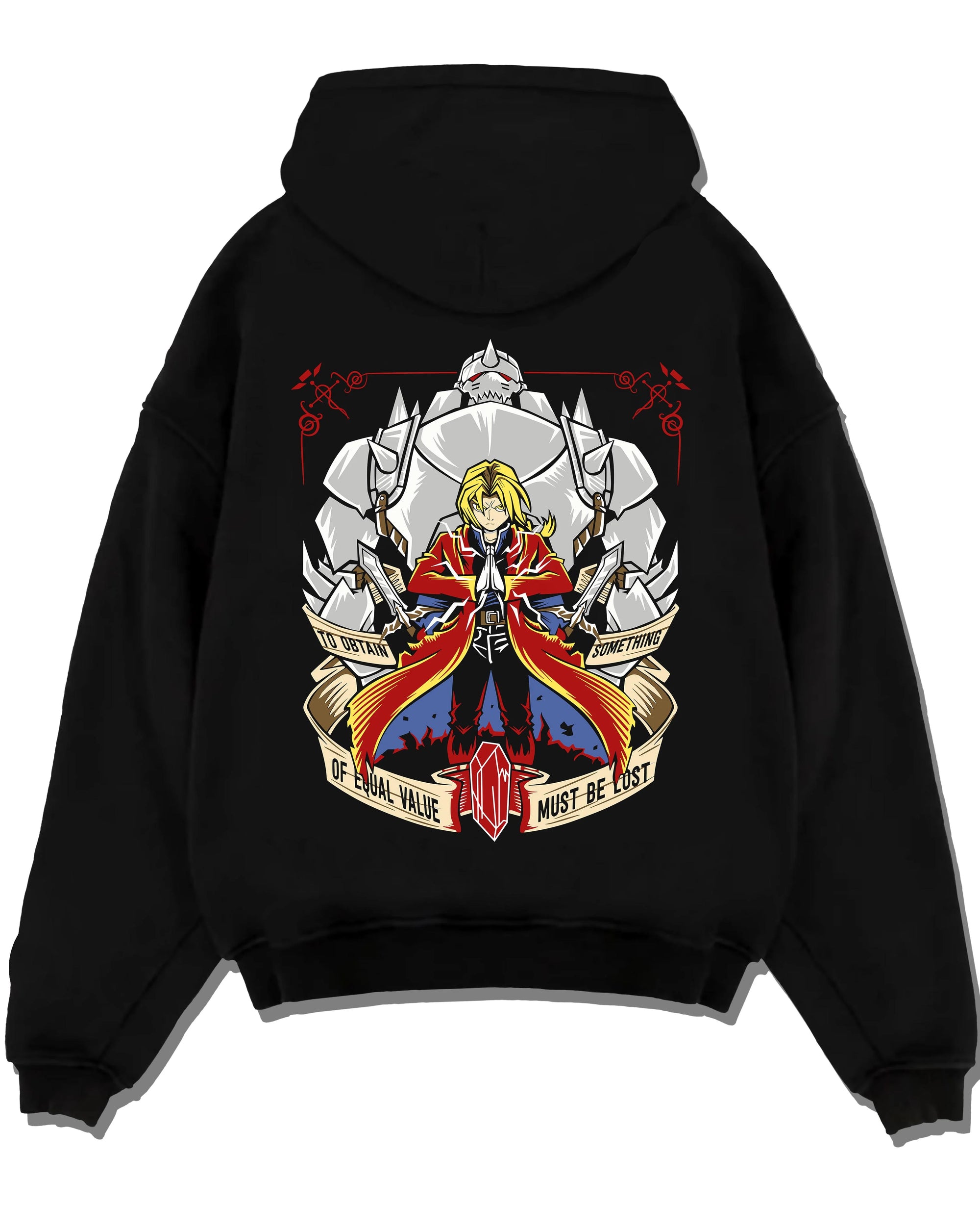 Black pullover hoodie laid flat with Edward Elric Hoodie Fullmetal Alchemist Red Robe Al graphic premium wear.