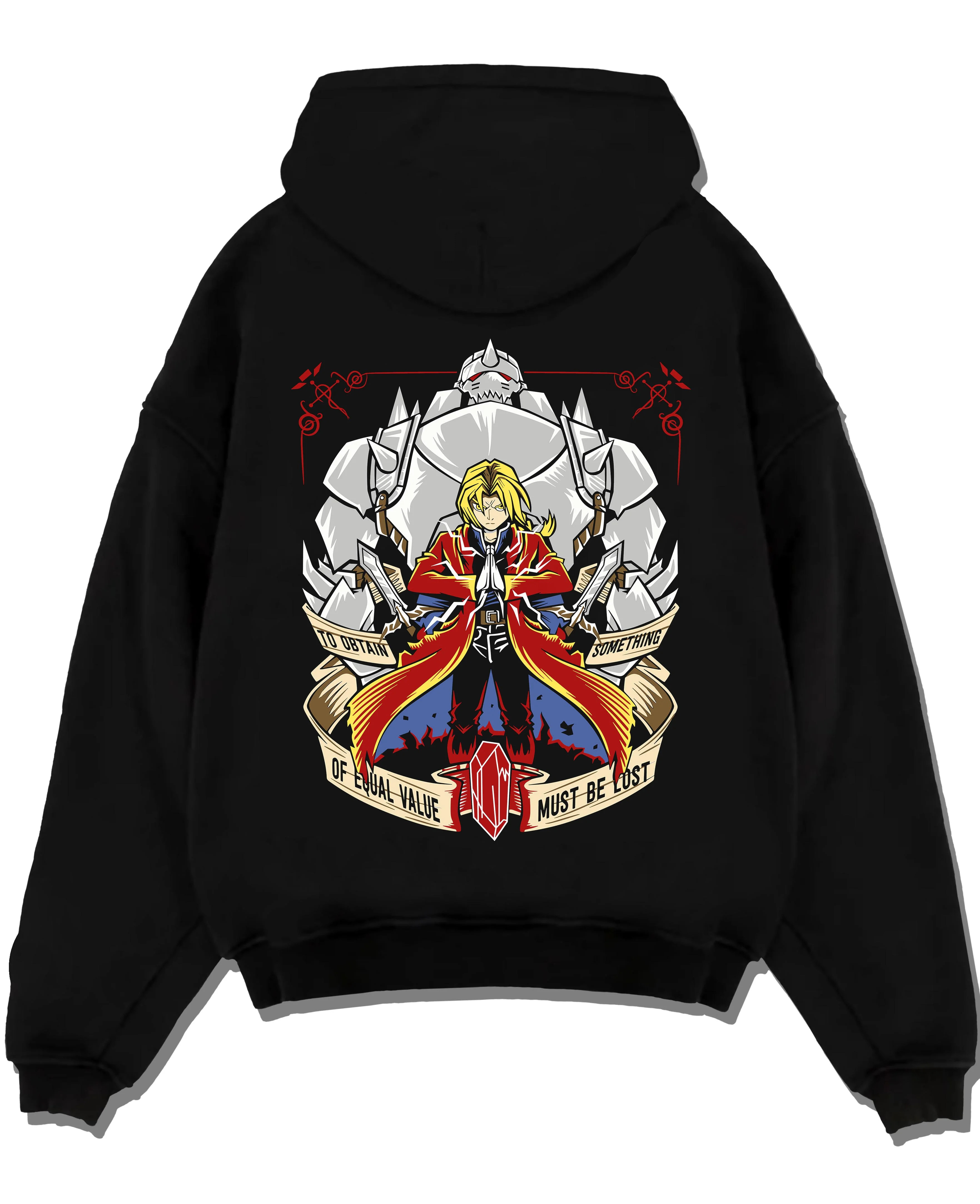 Black pullover hoodie laid flat with Edward Elric Hoodie Fullmetal Alchemist Red Robe Al graphic premium wear.