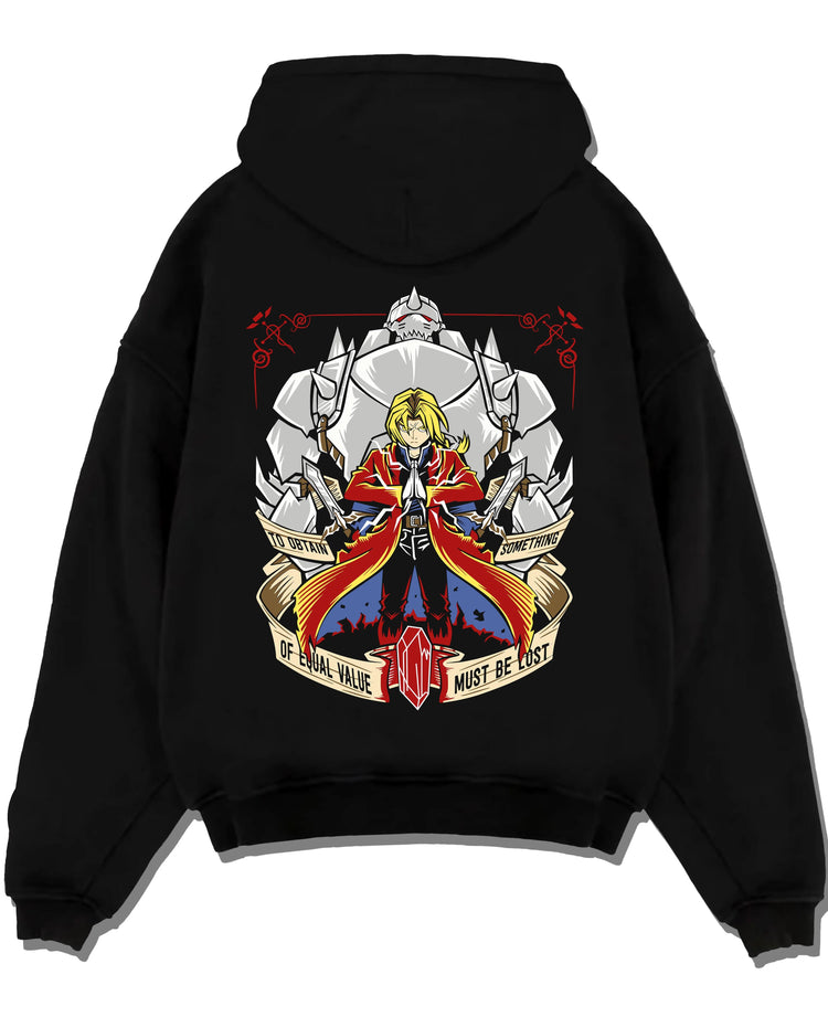 Black pullover hoodie laid flat with Edward Elric Hoodie Fullmetal Alchemist Red Robe Al graphic premium wear.