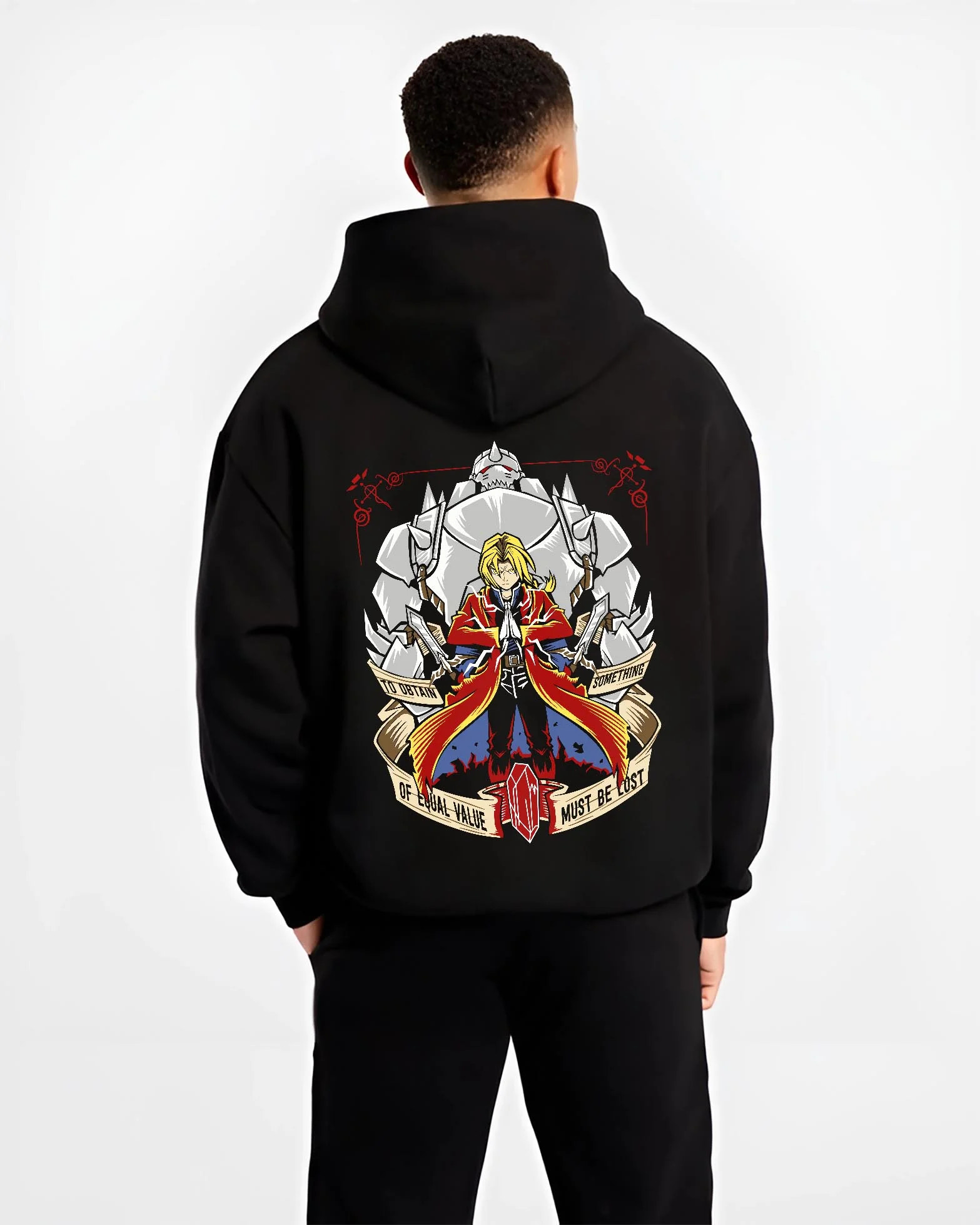 Black hoodie worn by male model, back view with Edward Elric Hoodie Fullmetal Alchemist Red Robe Al graphic streetwear graphic.