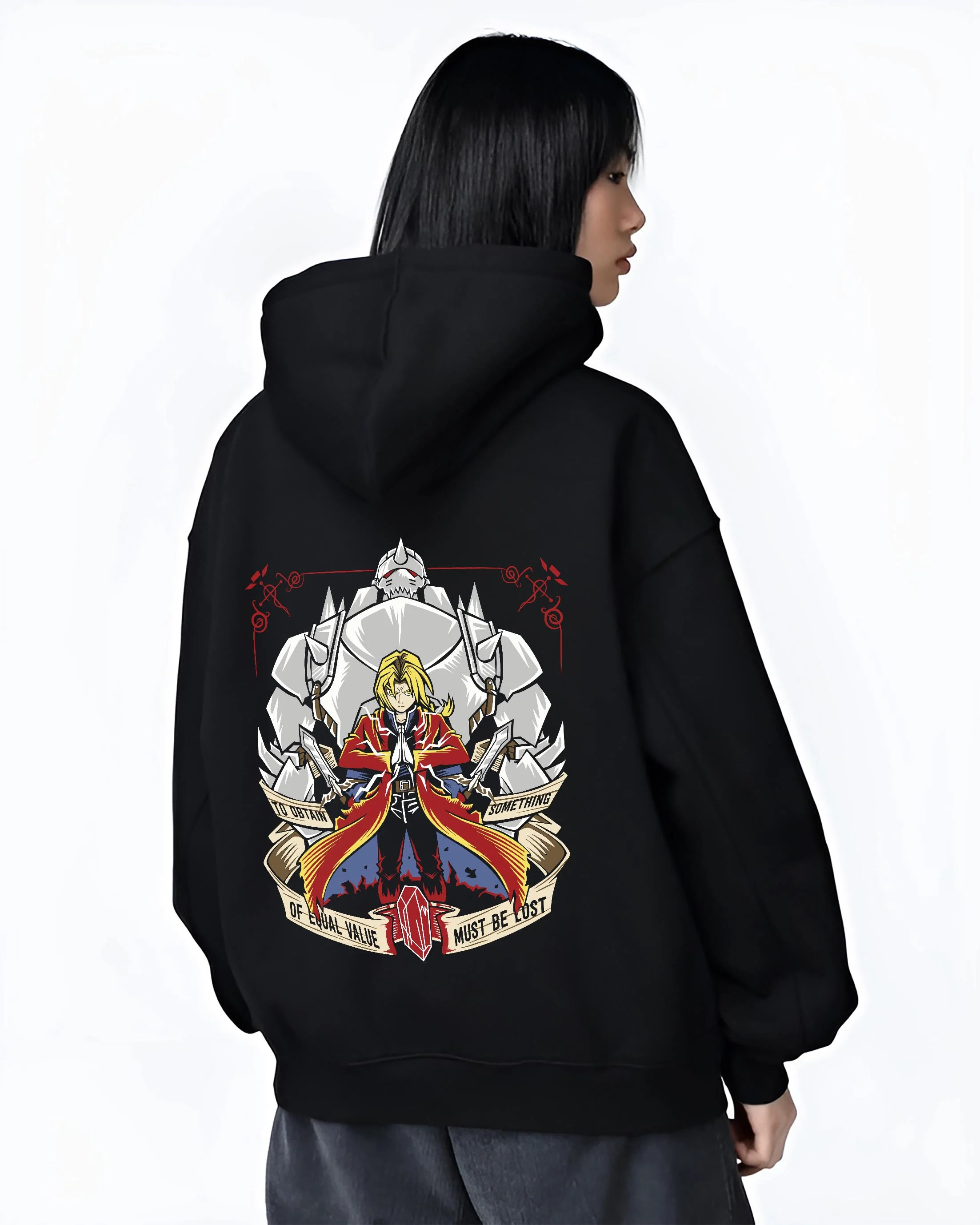 Black hoodie worn by female model, back view with Edward Elric Hoodie Fullmetal Alchemist Red Robe Al graphic premium wear.