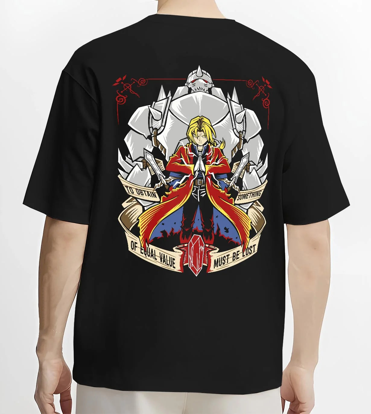 Black T-shirt worn by male model, back view with Edward Elric Hoodie Fullmetal Alchemist Red Robe Al graphic premium wear.