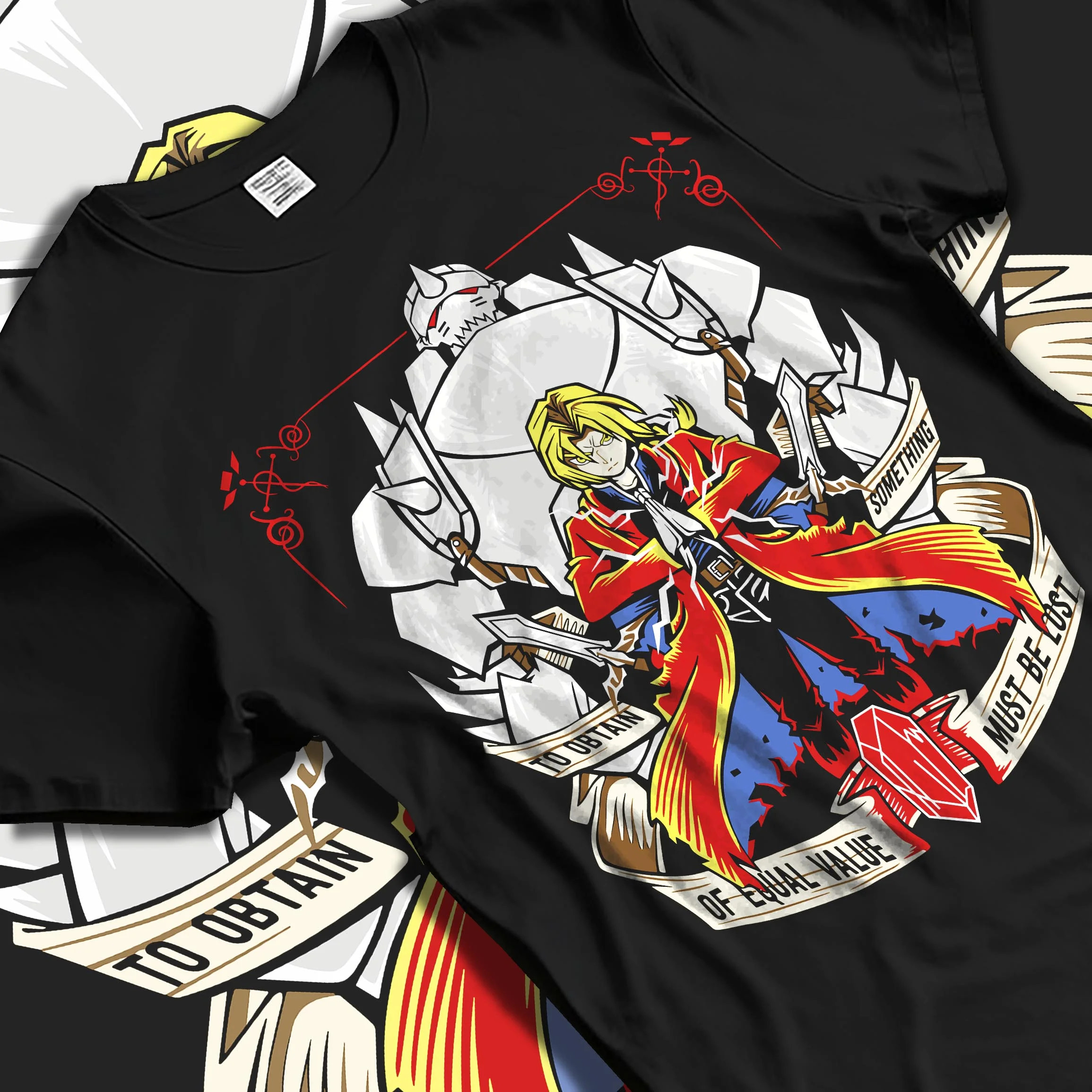 Black T-shirt laid flat with natural folds with Edward Elric Hoodie Fullmetal Alchemist Red Robe Al graphic premium wear.