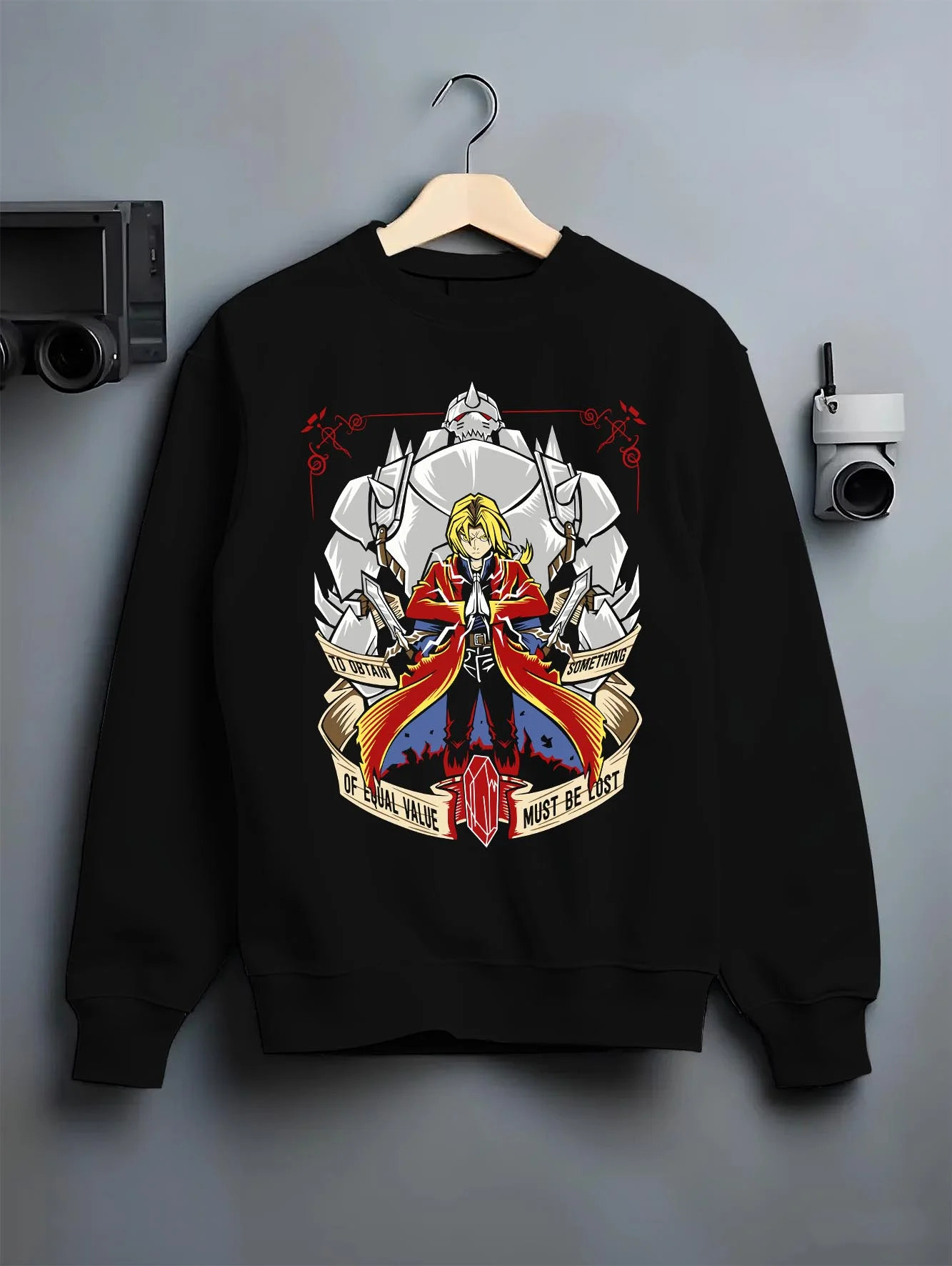 Black crewneck sweatshirt on hanger with Edward Elric Hoodie Fullmetal Alchemist Red Robe Al graphic streetwear graphic.