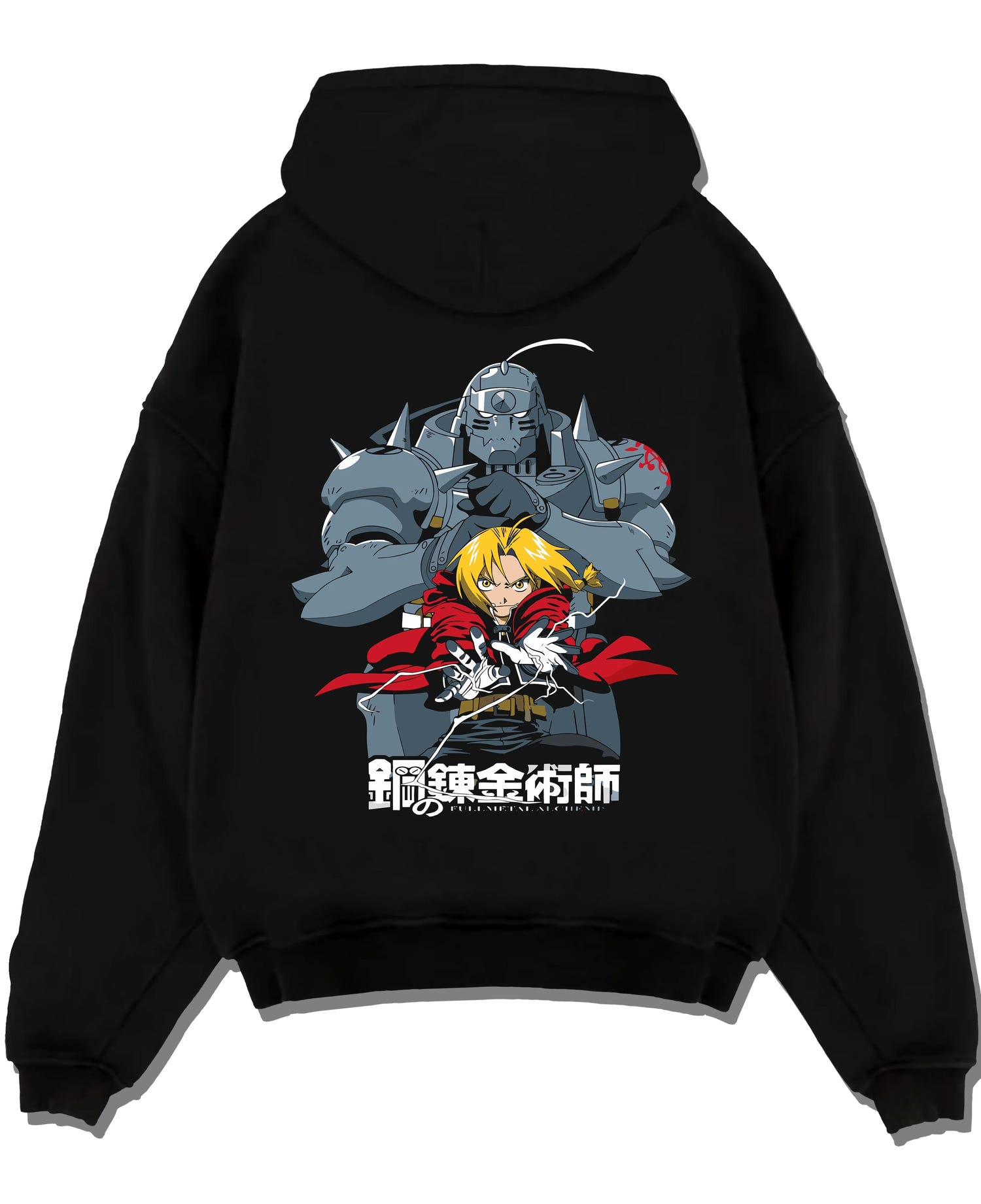 Black pullover hoodie laid flat with Edward Elric Hoodie Fullmetal Alchemist Silver Armor graphic streetwear graphic.