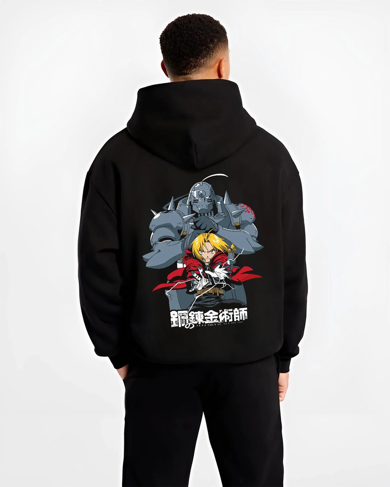 Black hoodie worn by male model, back view with Edward Elric Hoodie Fullmetal Alchemist Silver Armor graphic premium wear.