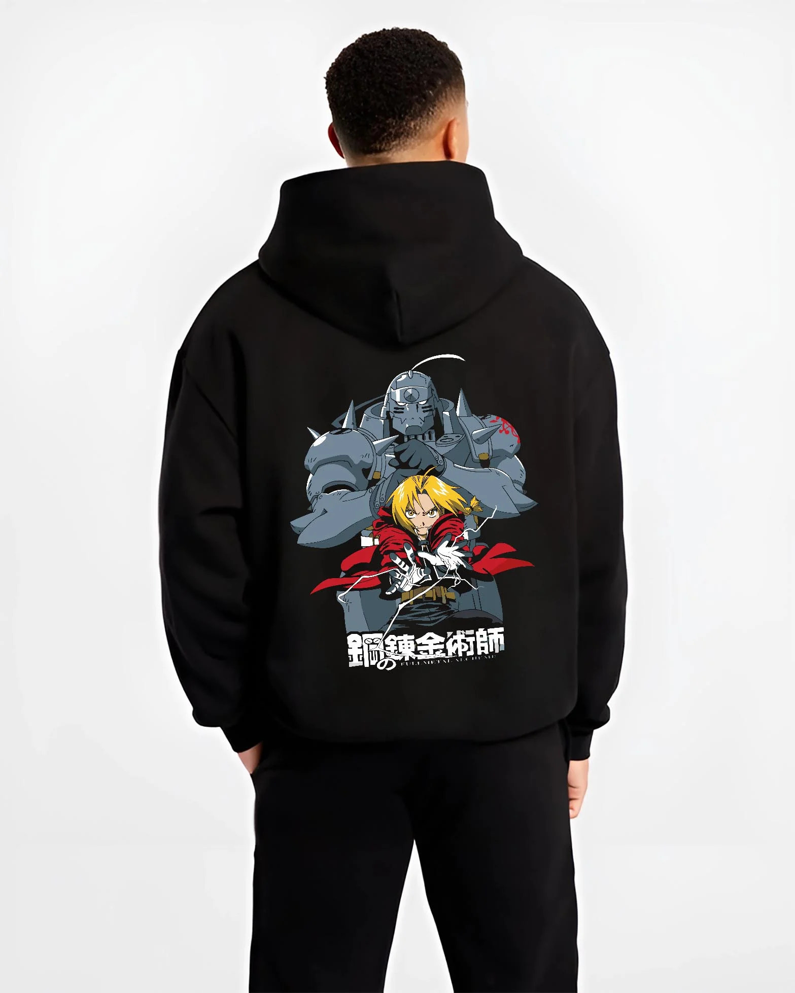 Black hoodie worn by male model, back view with Edward Elric Hoodie Fullmetal Alchemist Silver Armor graphic premium wear.
