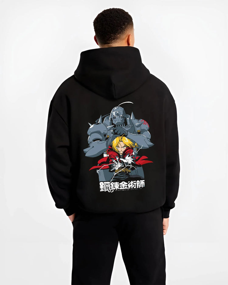 Black hoodie worn by male model, back view with Edward Elric Hoodie Fullmetal Alchemist Silver Armor graphic premium wear.