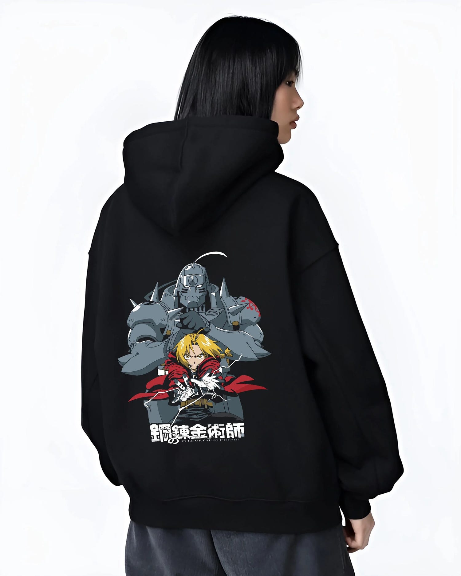 Black hoodie worn by female model, back view with Edward Elric Hoodie Fullmetal Alchemist Silver Armor graphic premium wear.