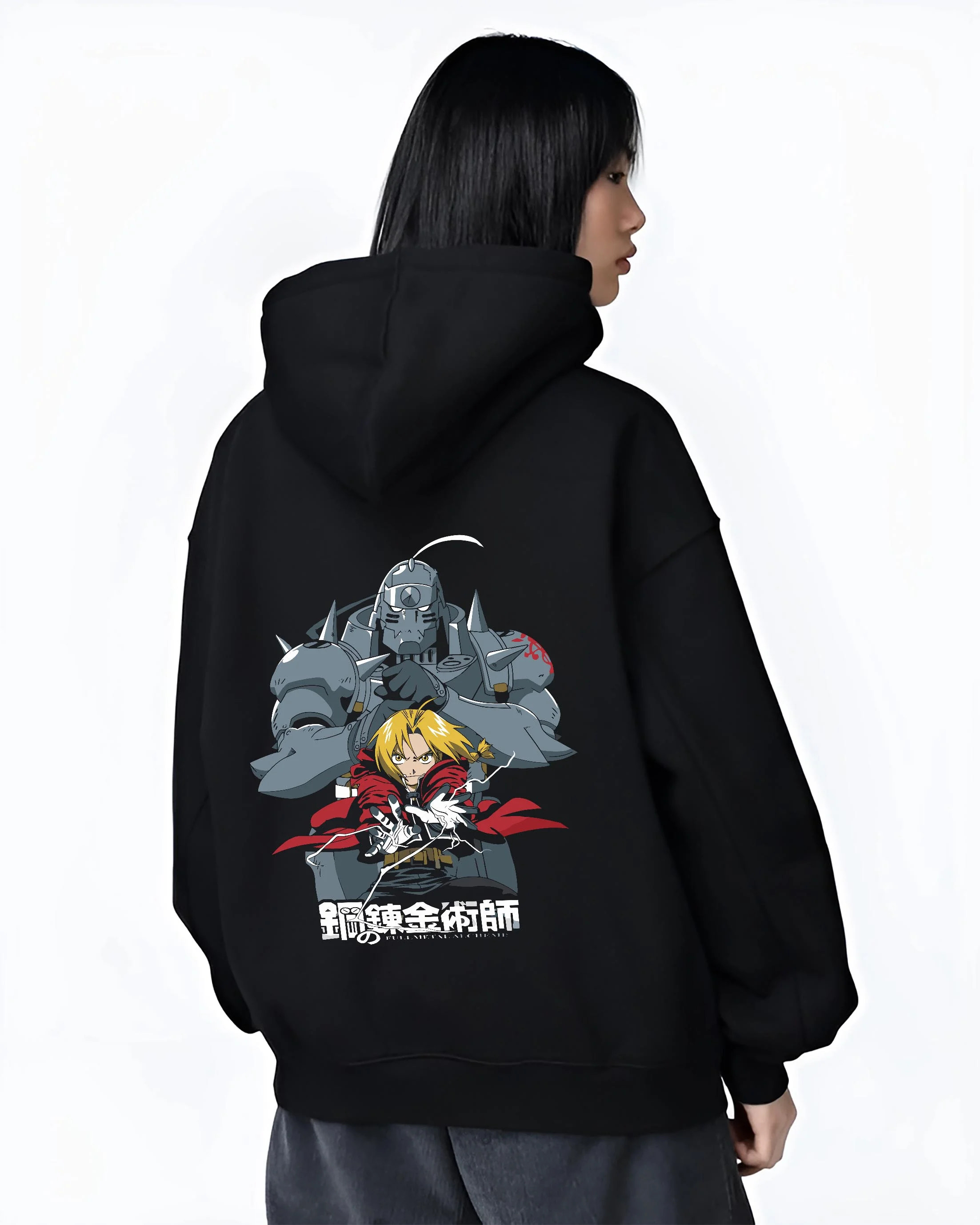 Black hoodie worn by female model, back view with Edward Elric Hoodie Fullmetal Alchemist Silver Armor graphic premium wear.