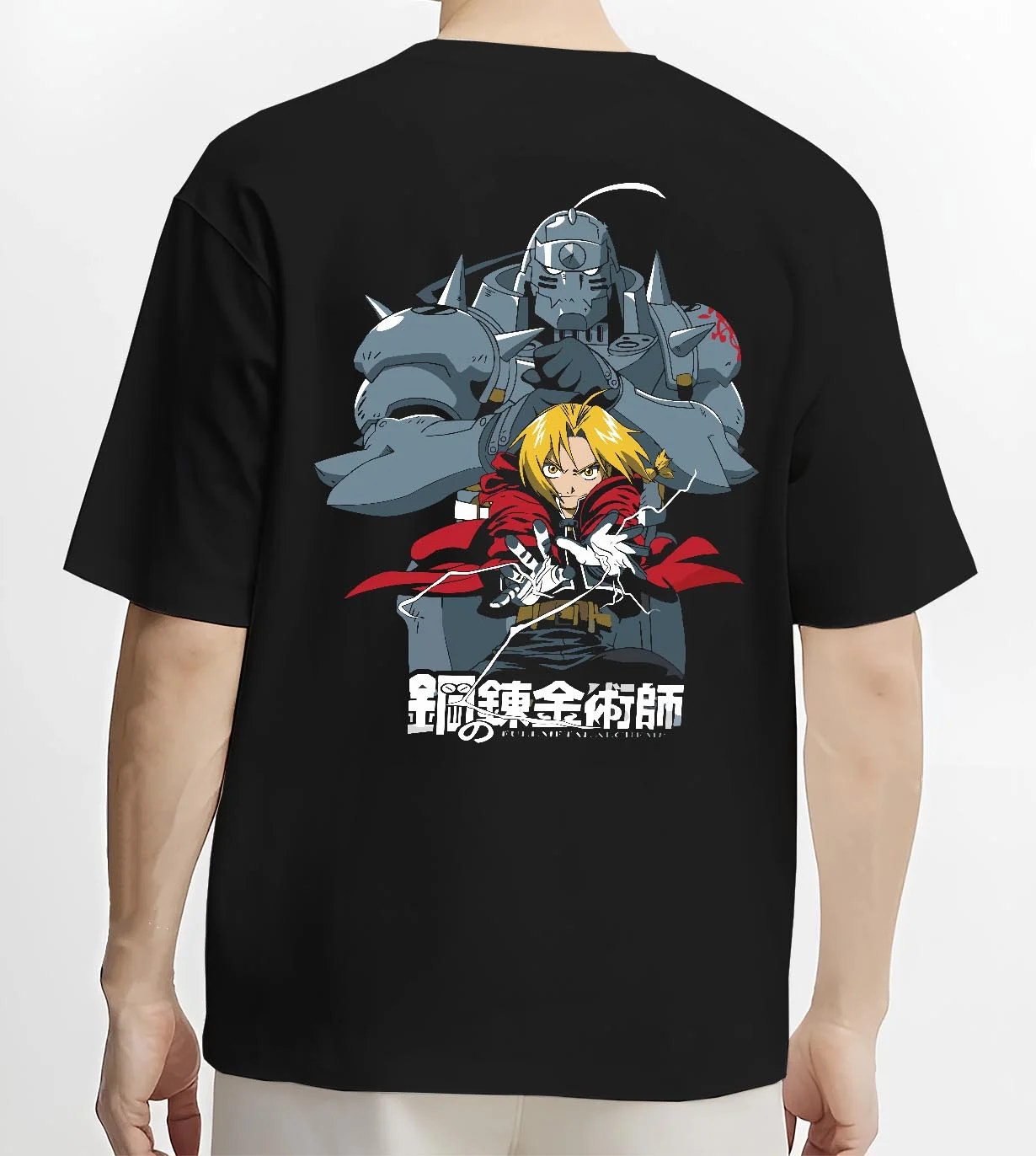 Black T-shirt worn by male model, back view with Edward Elric Hoodie Fullmetal Alchemist Silver Armor graphic streetwear graphic.