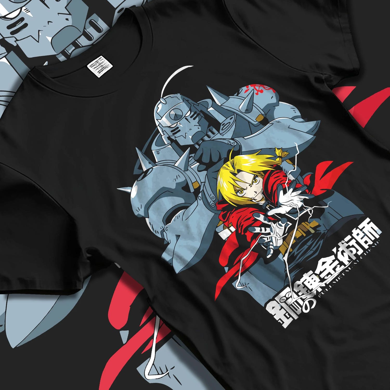 Black T-shirt laid flat with natural folds with Edward Elric Hoodie Fullmetal Alchemist Silver Armor graphic bold anime graphic.